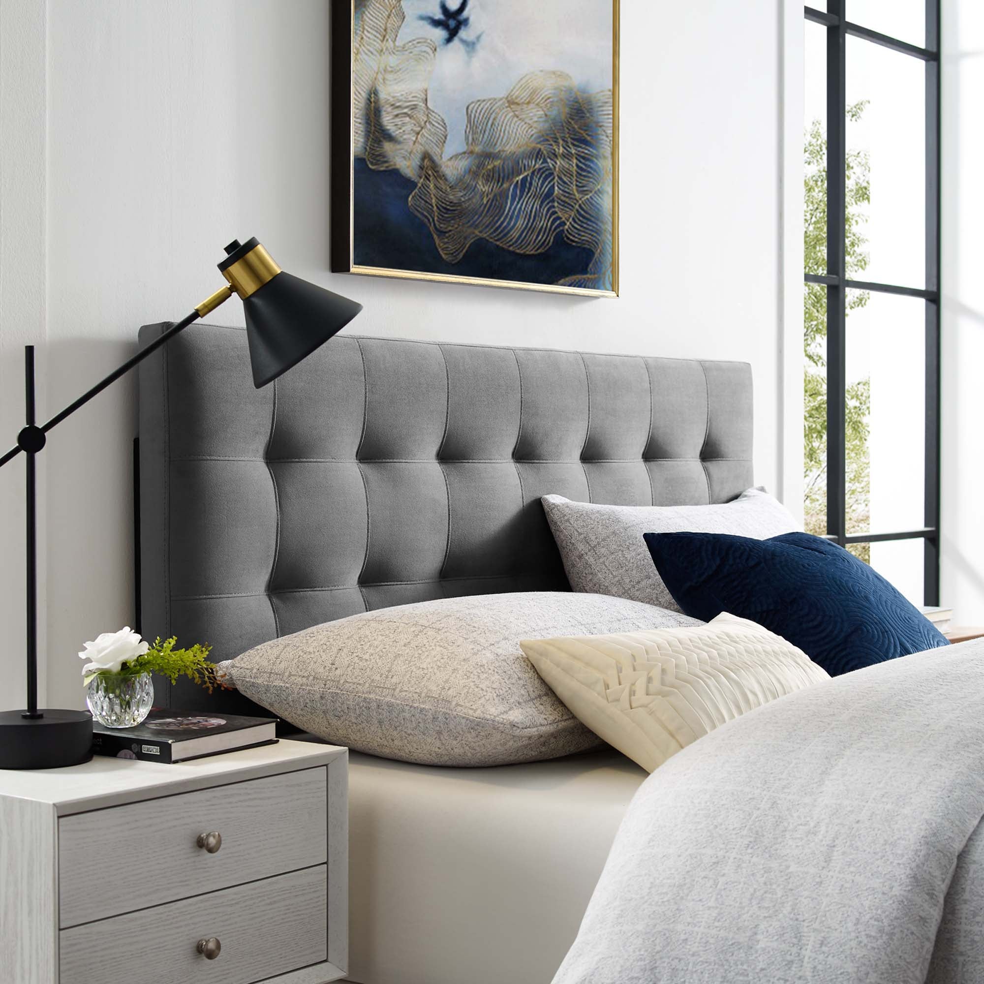 Lily Biscuit Tufted Performance Velvet Queen Headboard, Gray