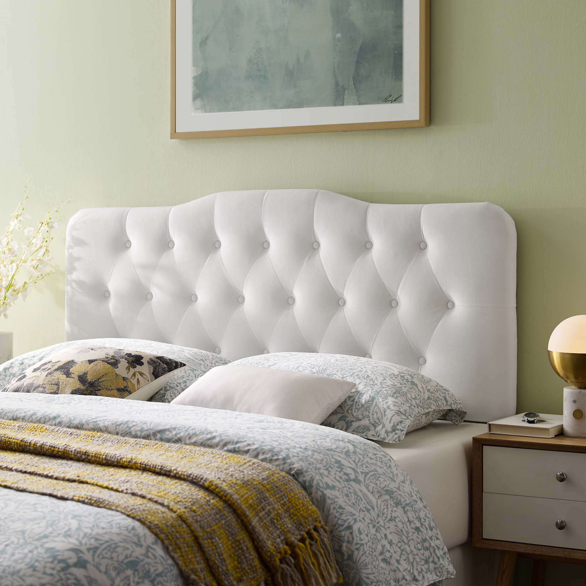 Annabel Diamond Tufted Performance Velvet Full Headboard, White