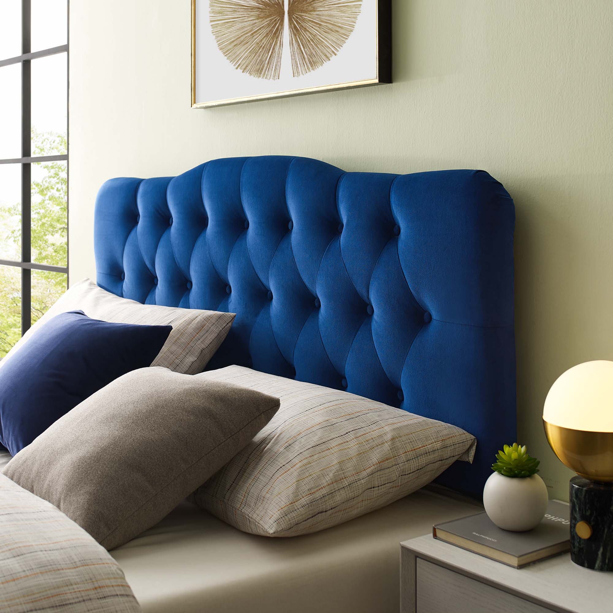 Annabel Diamond Tufted Performance Velvet Queen Headboard, Navy
