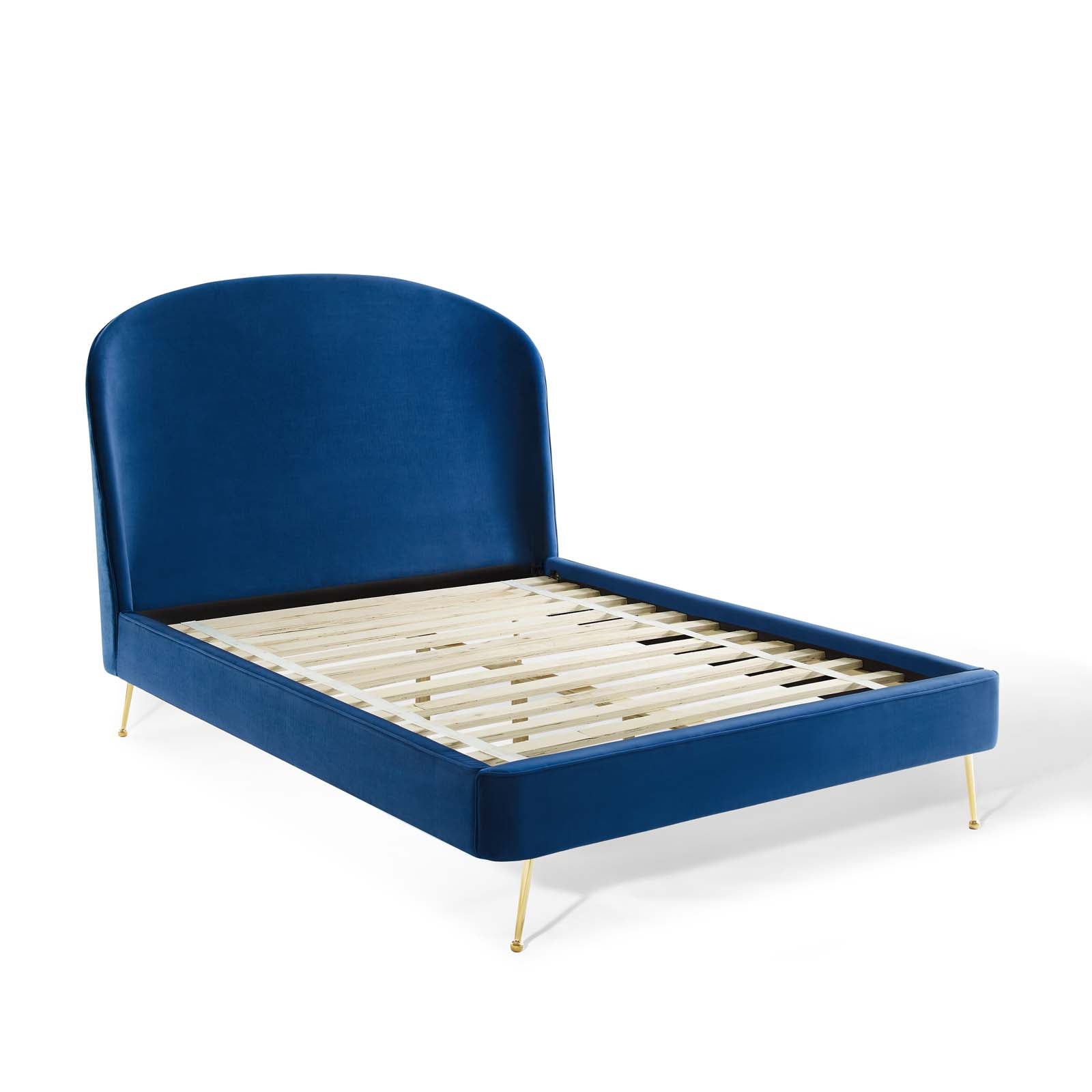 Carlen Queen Performance Velvet Upholstered Platform Bed  Navy Blue Stain-Resistant