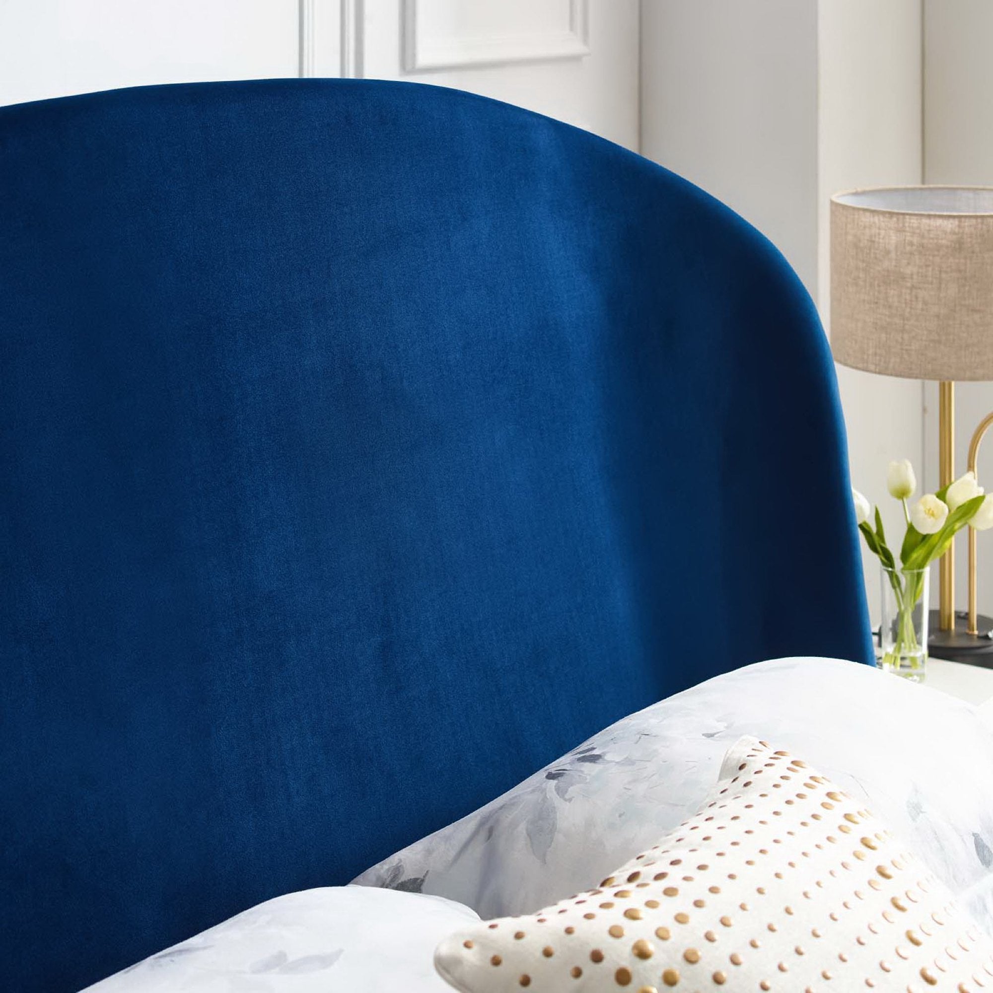 Carlen Queen Performance Velvet Upholstered Platform Bed  Navy Blue Stain-Resistant