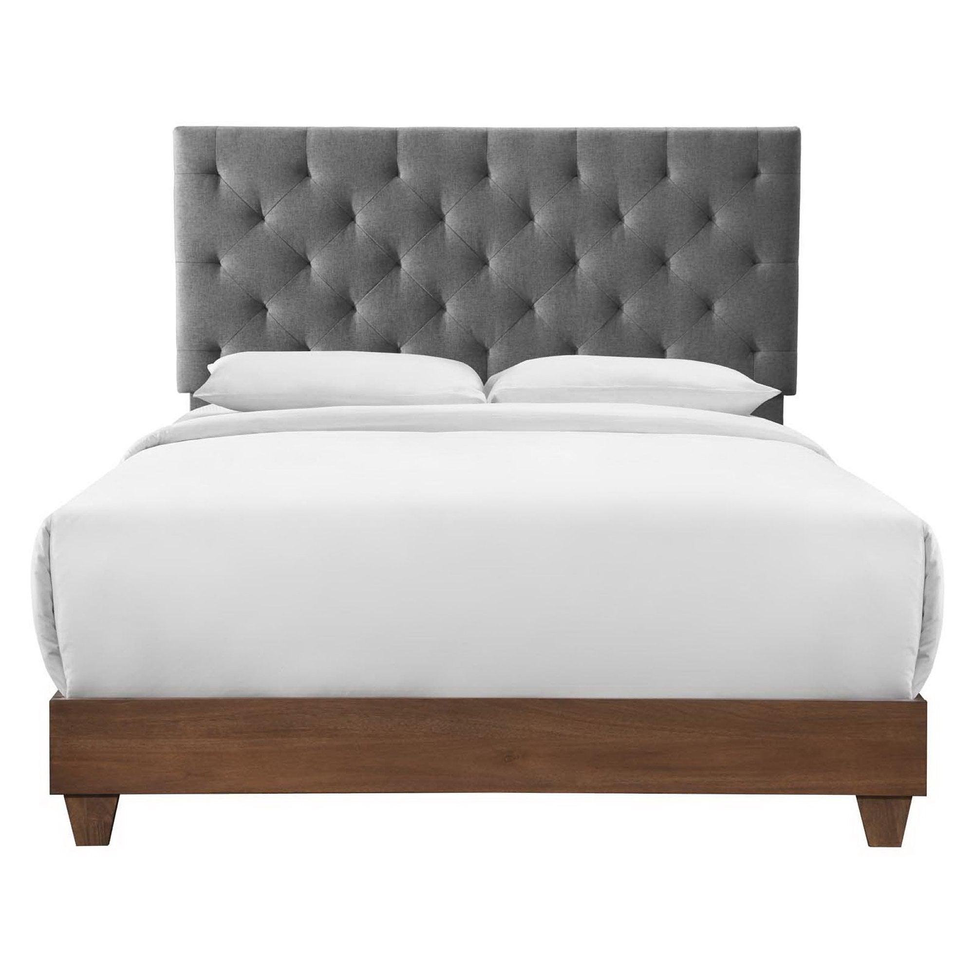 Xenith Queen Walnut Upholstered Panel Bed – Grey Diamond Tufted Headboard