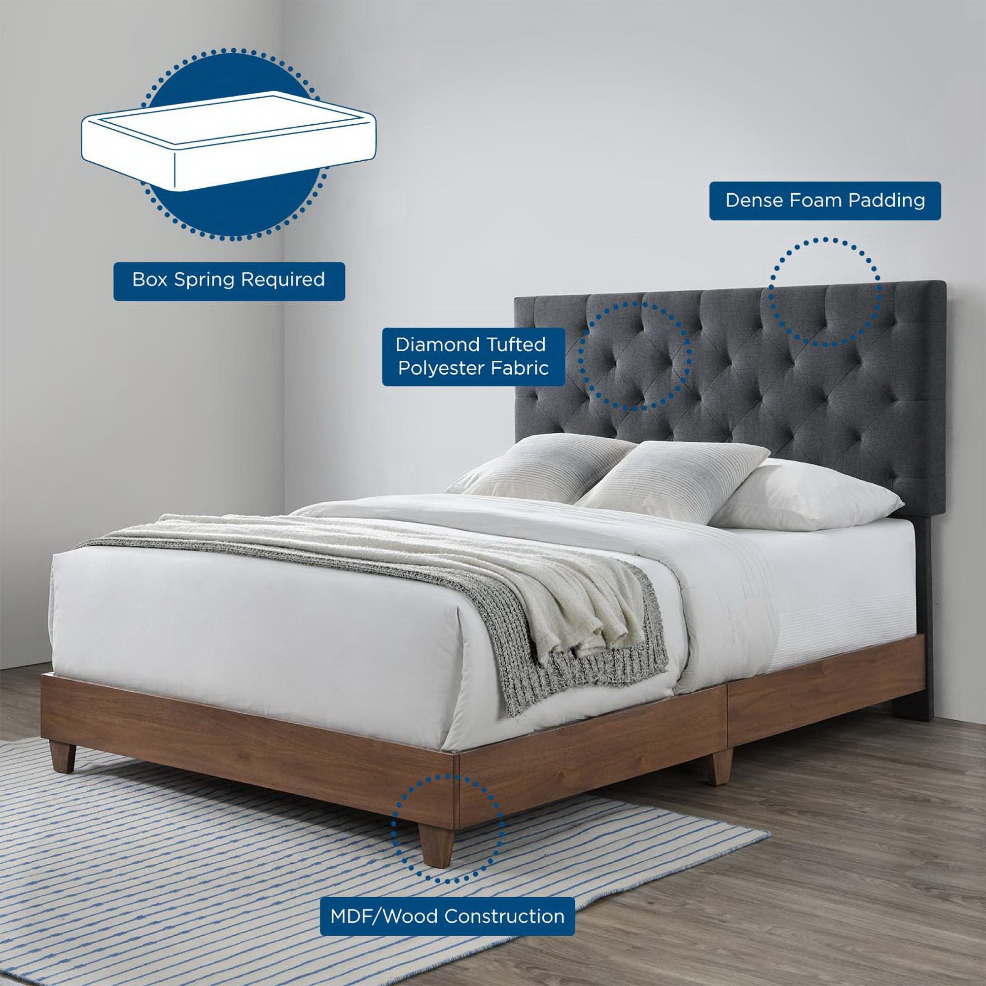 Xenith Queen Walnut Upholstered Panel Bed – Grey Diamond Tufted Headboard