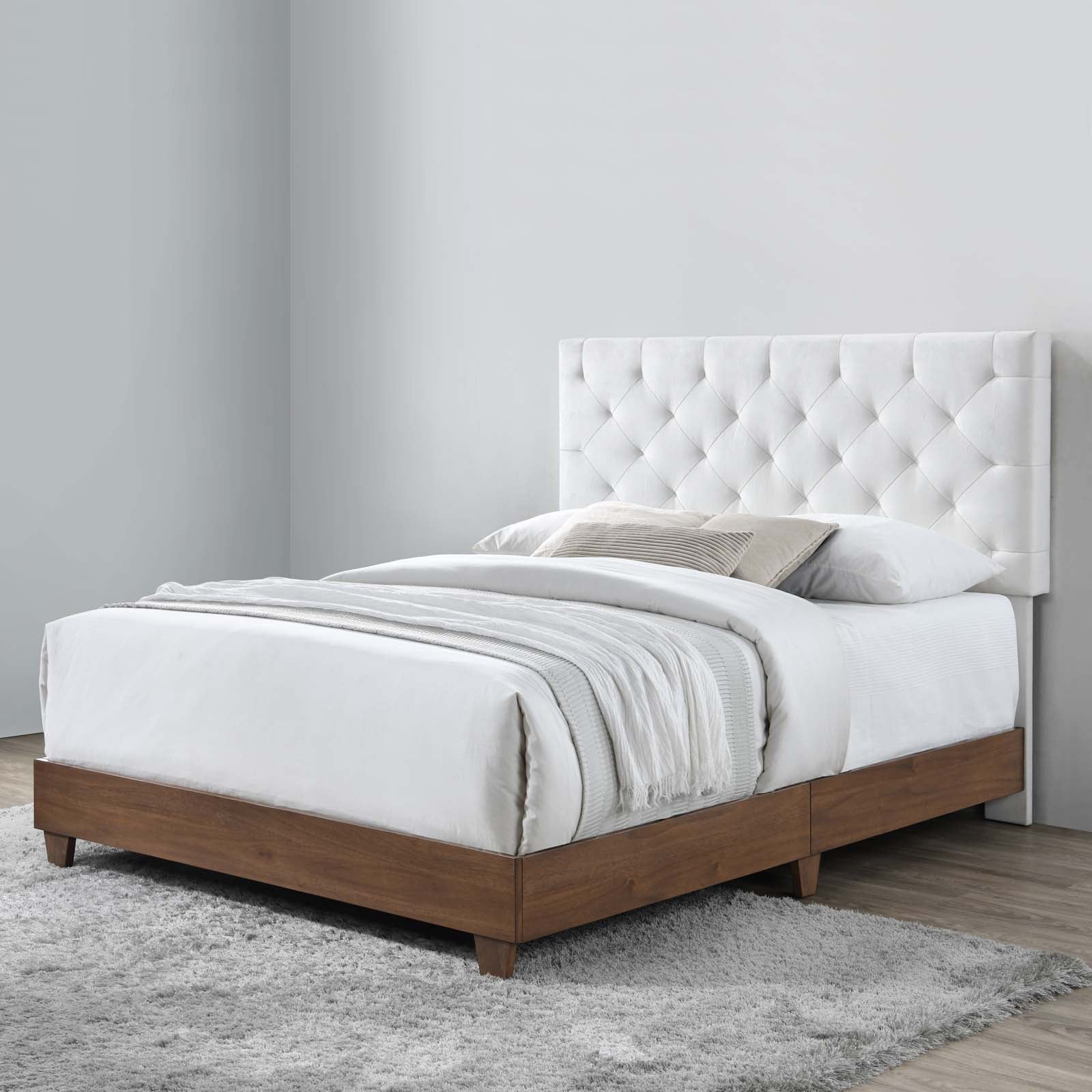 Rhiannon Walnut White Diamond Tufted Upholstered Performance Velvet Queen Bed