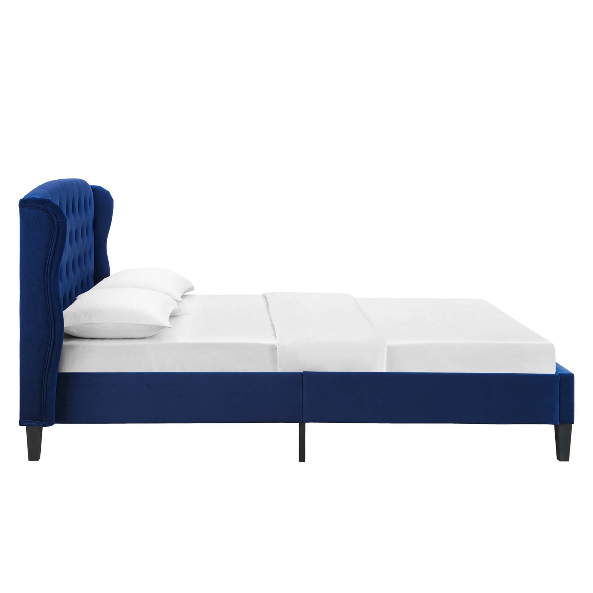 Melvin Queen Navy Velvet Platform Bed Tufted Wingback with Wood Slats