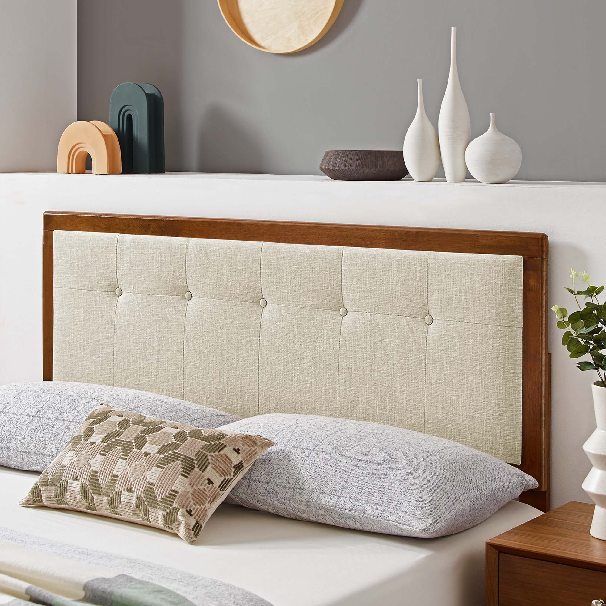 Draper Tufted Fabric and Wood Full Headboard, Walnut Beige