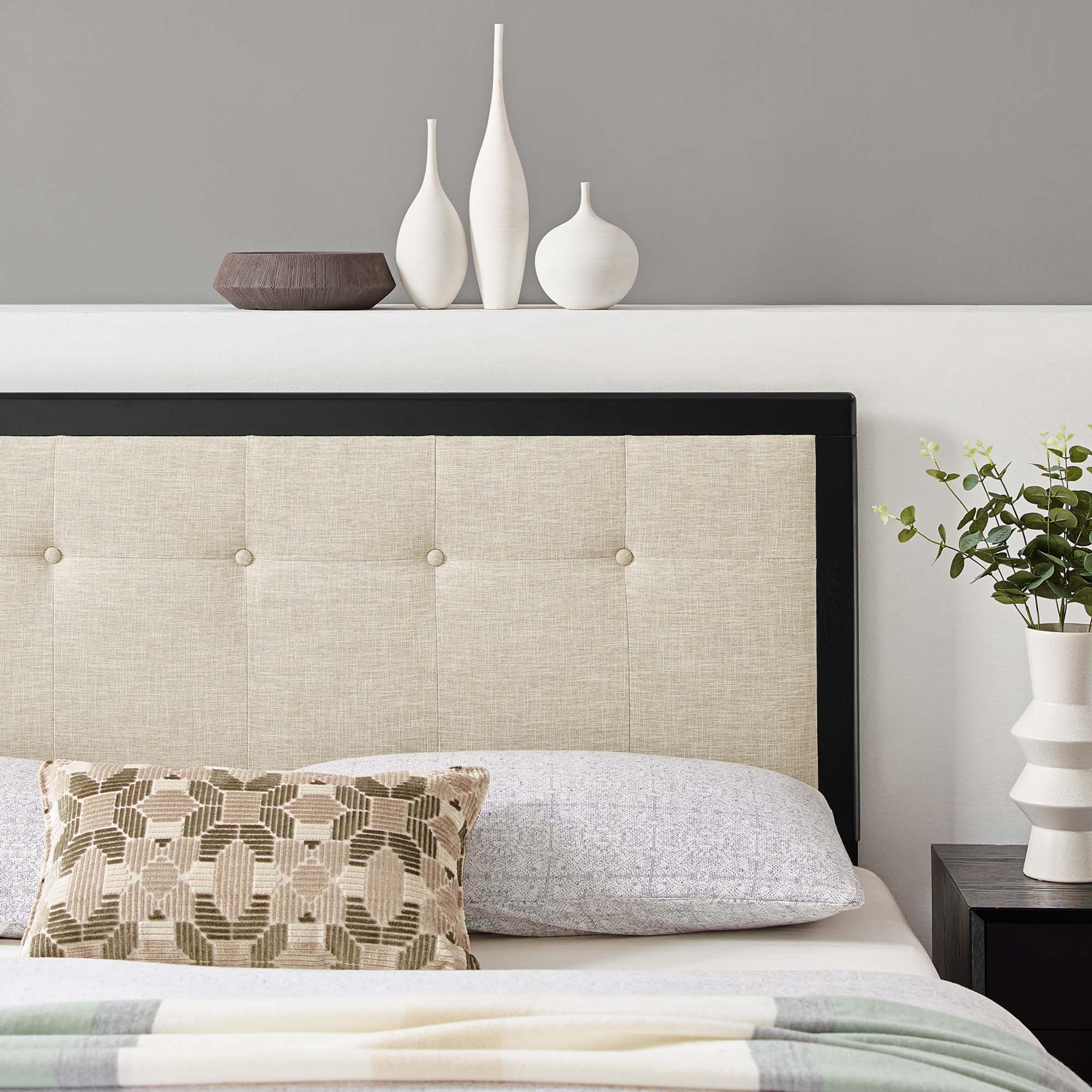 Draper Tufted Fabric and Wood Queen Headboard, Black Beige