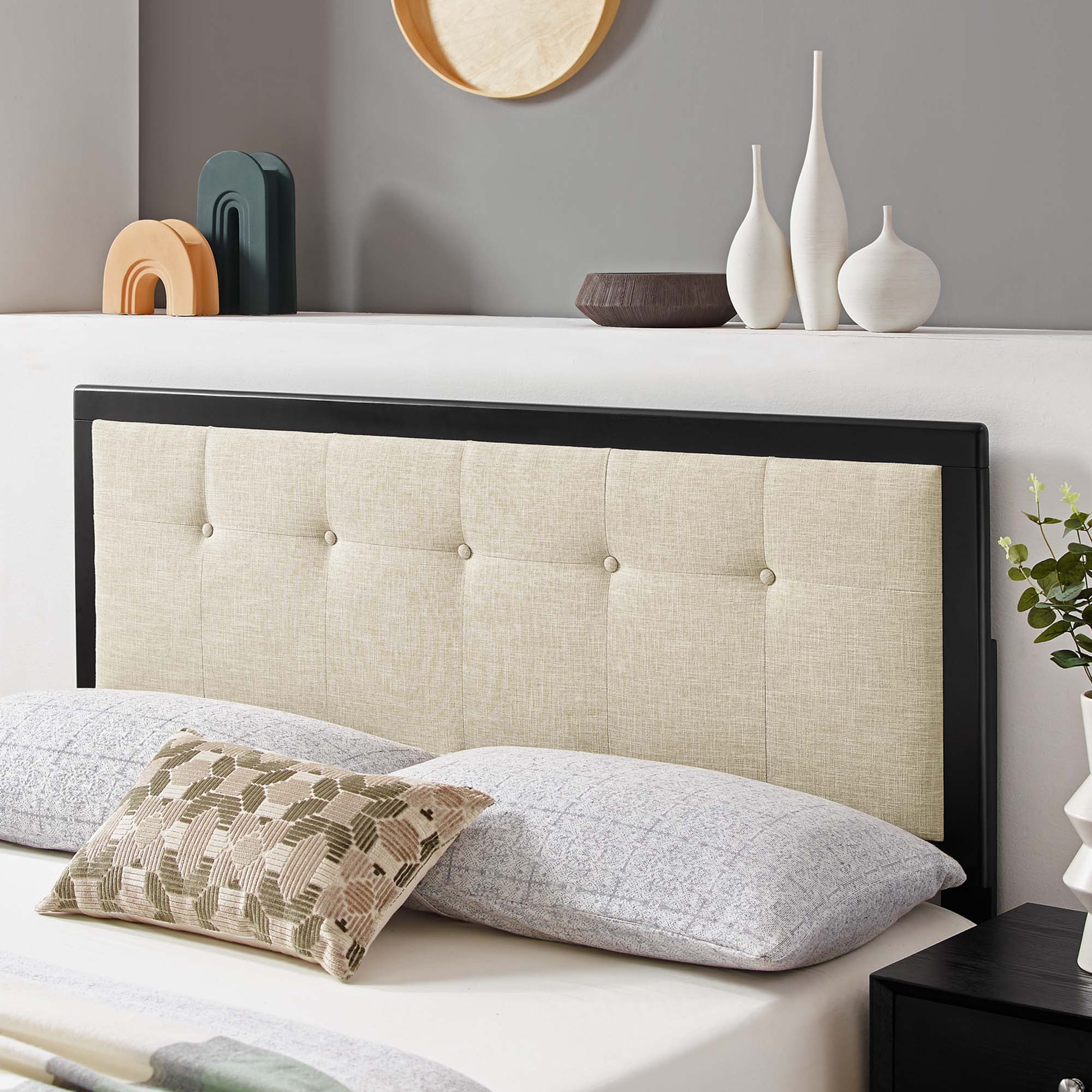 Draper Tufted Fabric and Wood Queen Headboard, Black Beige