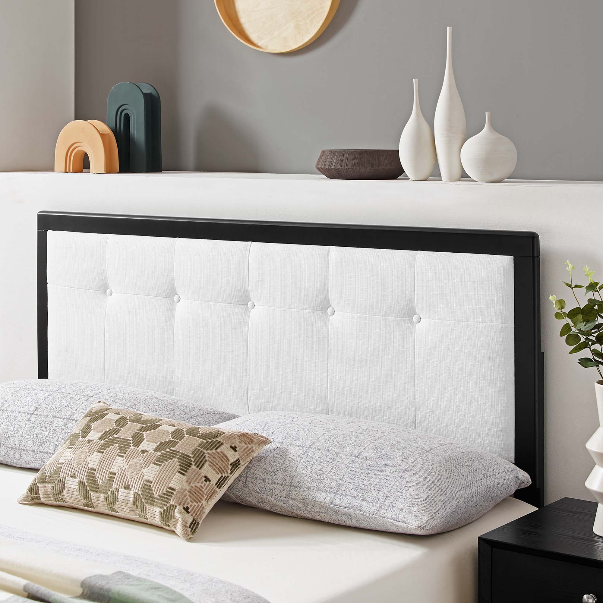 Draper Tufted Fabric and Wood King Headboard, Black White