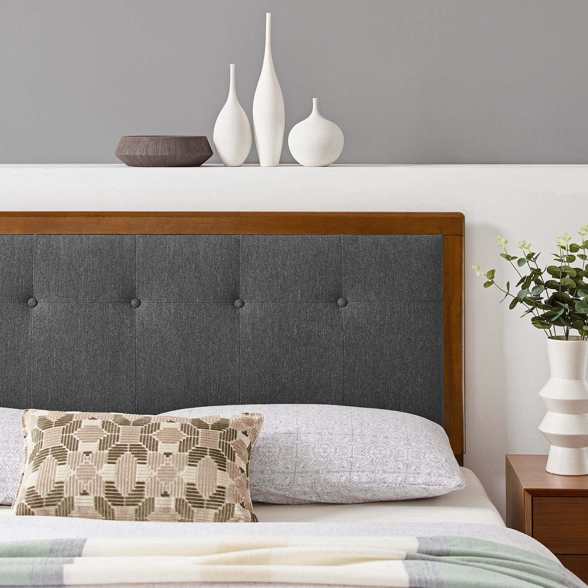 Draper Tufted Fabric and Wood King Headboard, Walnut Charcoal