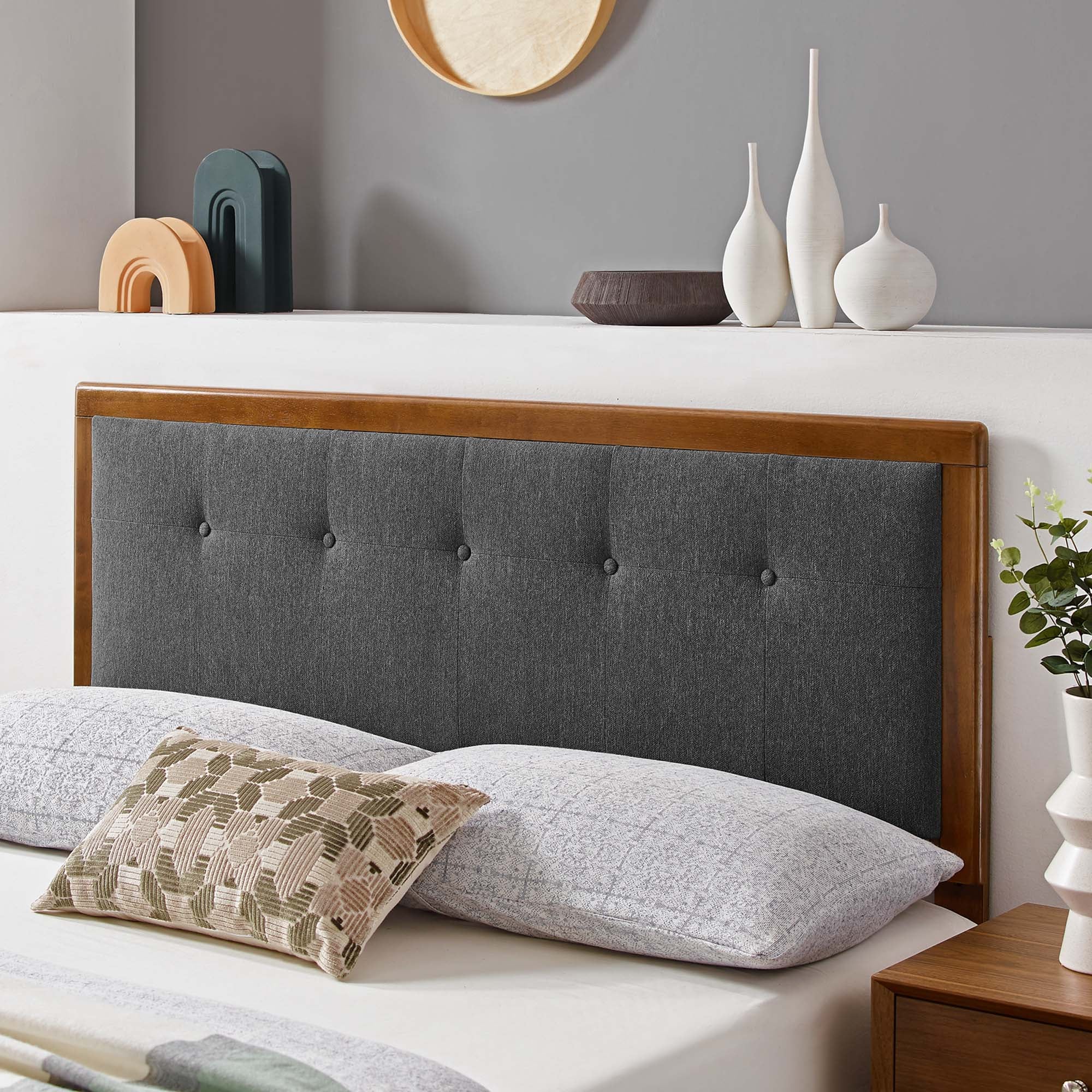 Draper Tufted Fabric and Wood King Headboard, Walnut Charcoal