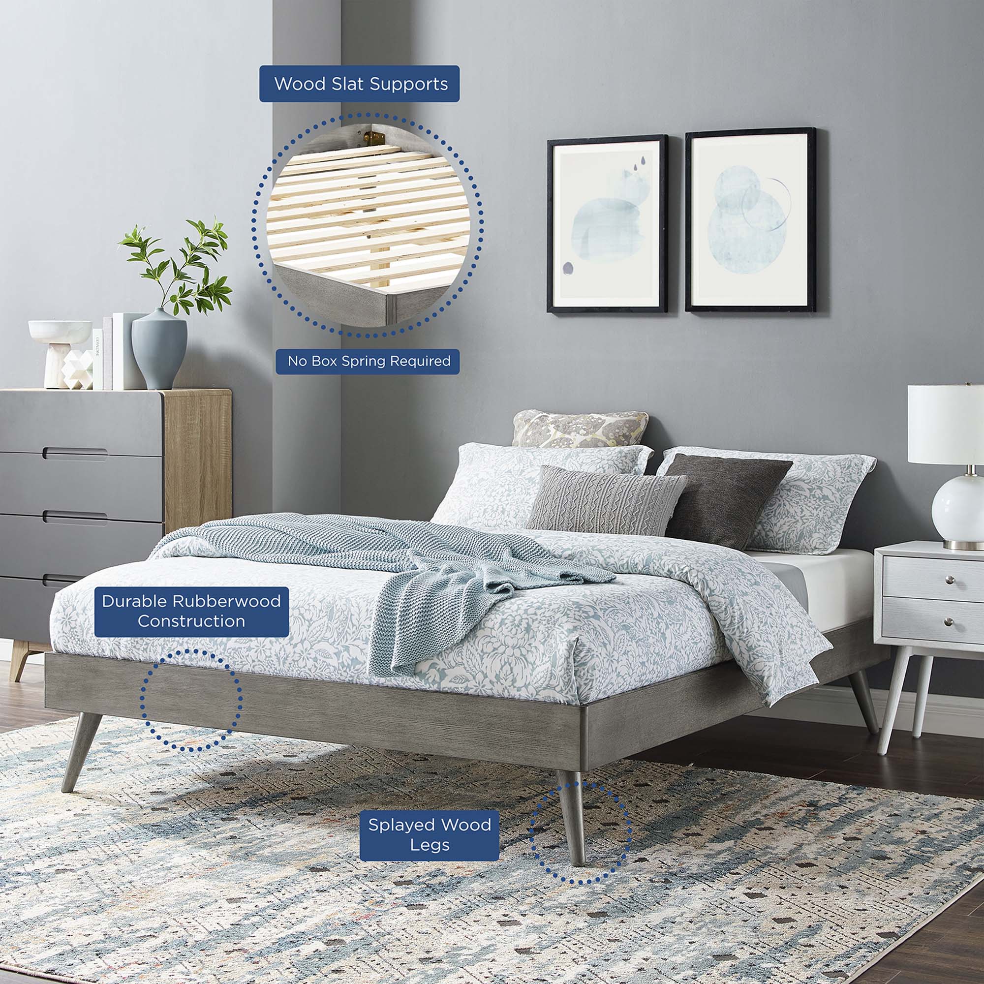 Yovrin Grey Twin Wood Platform Bed  Interchangeable Headboard Compatible