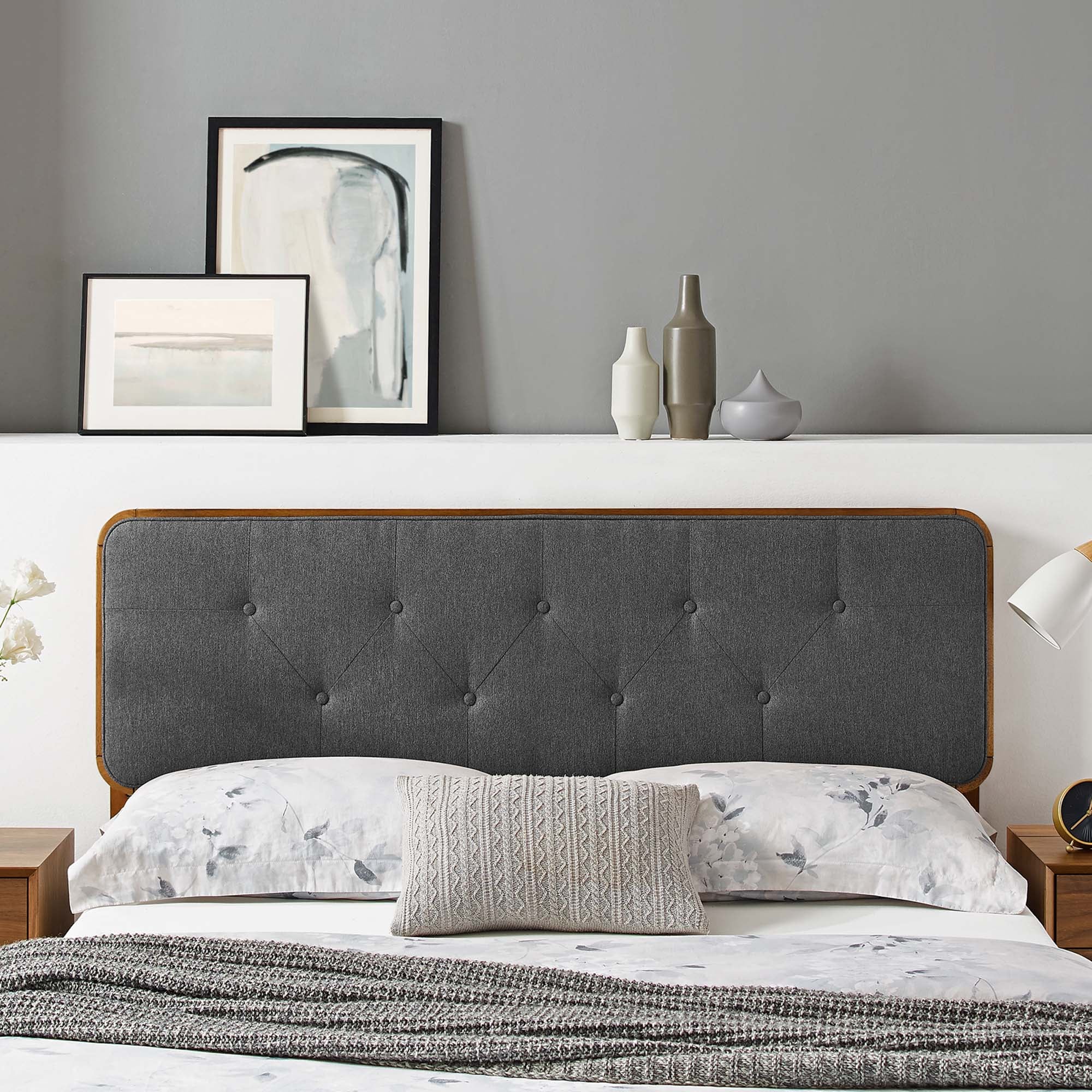 Collins Tufted Fabric and Wood Full Headboard, Walnut Charcoal