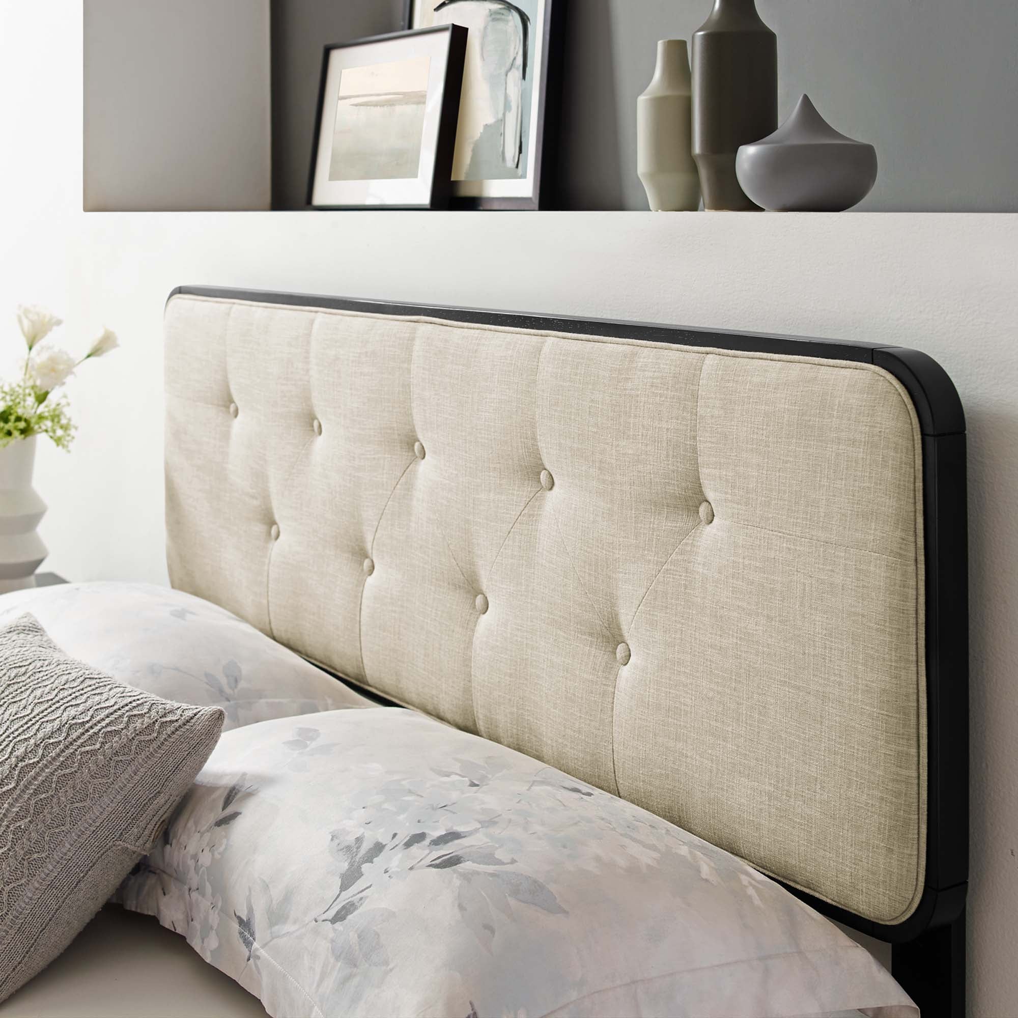 Collins Tufted Fabric and Wood Queen Headboard, Black Beige