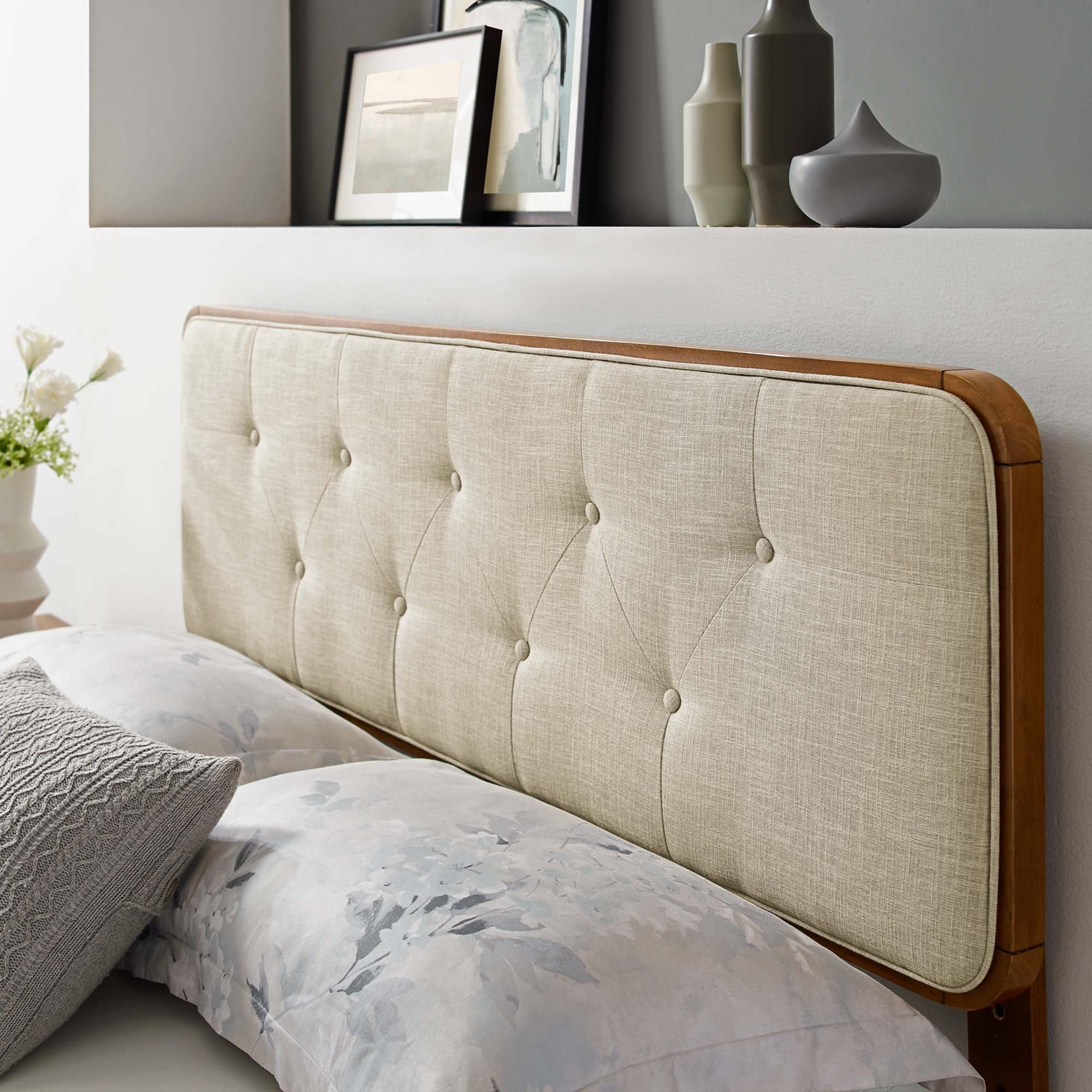 Collins Tufted Fabric and Wood Queen Headboard, Walnut Beige