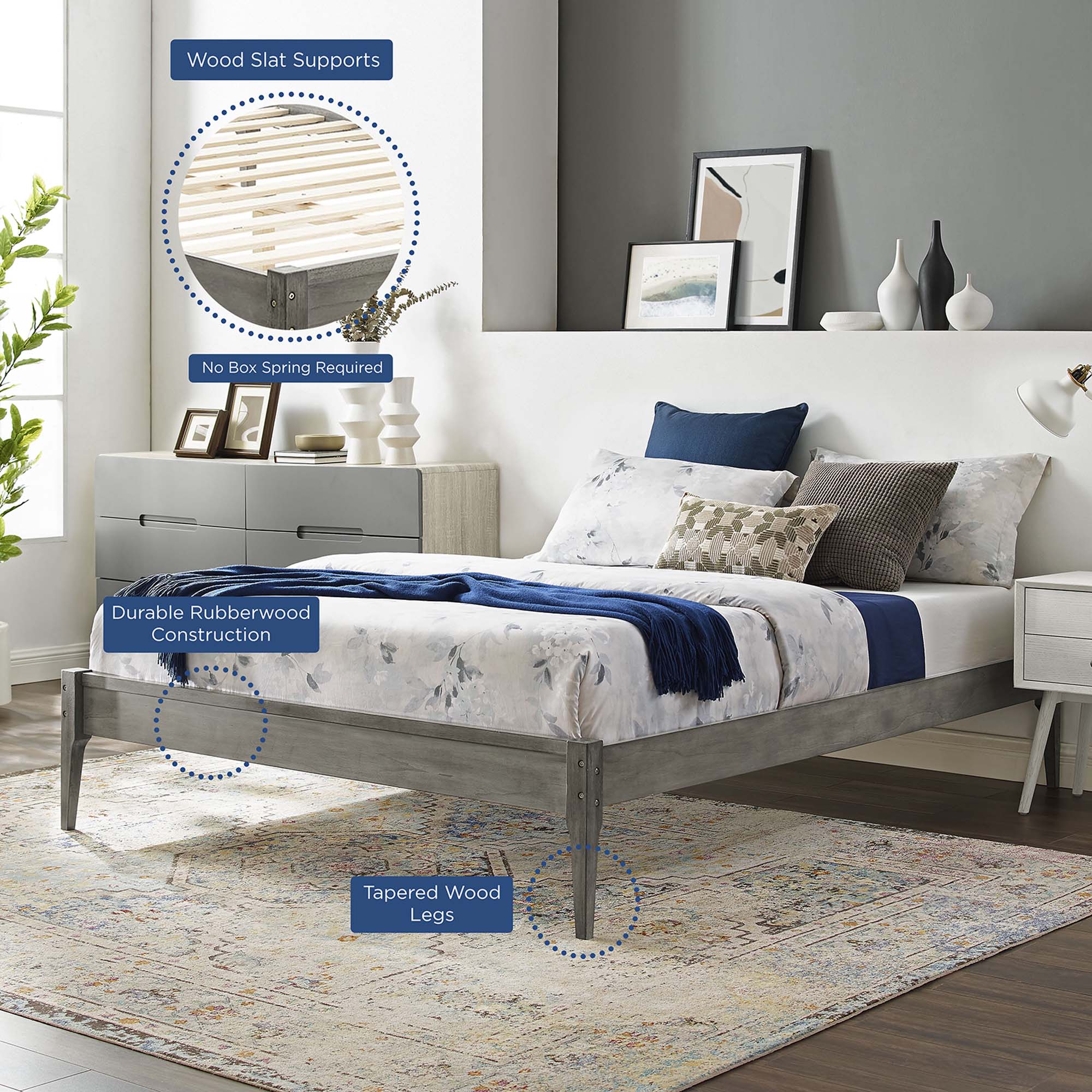 June Grey Twin Wood Platform Bed Frame