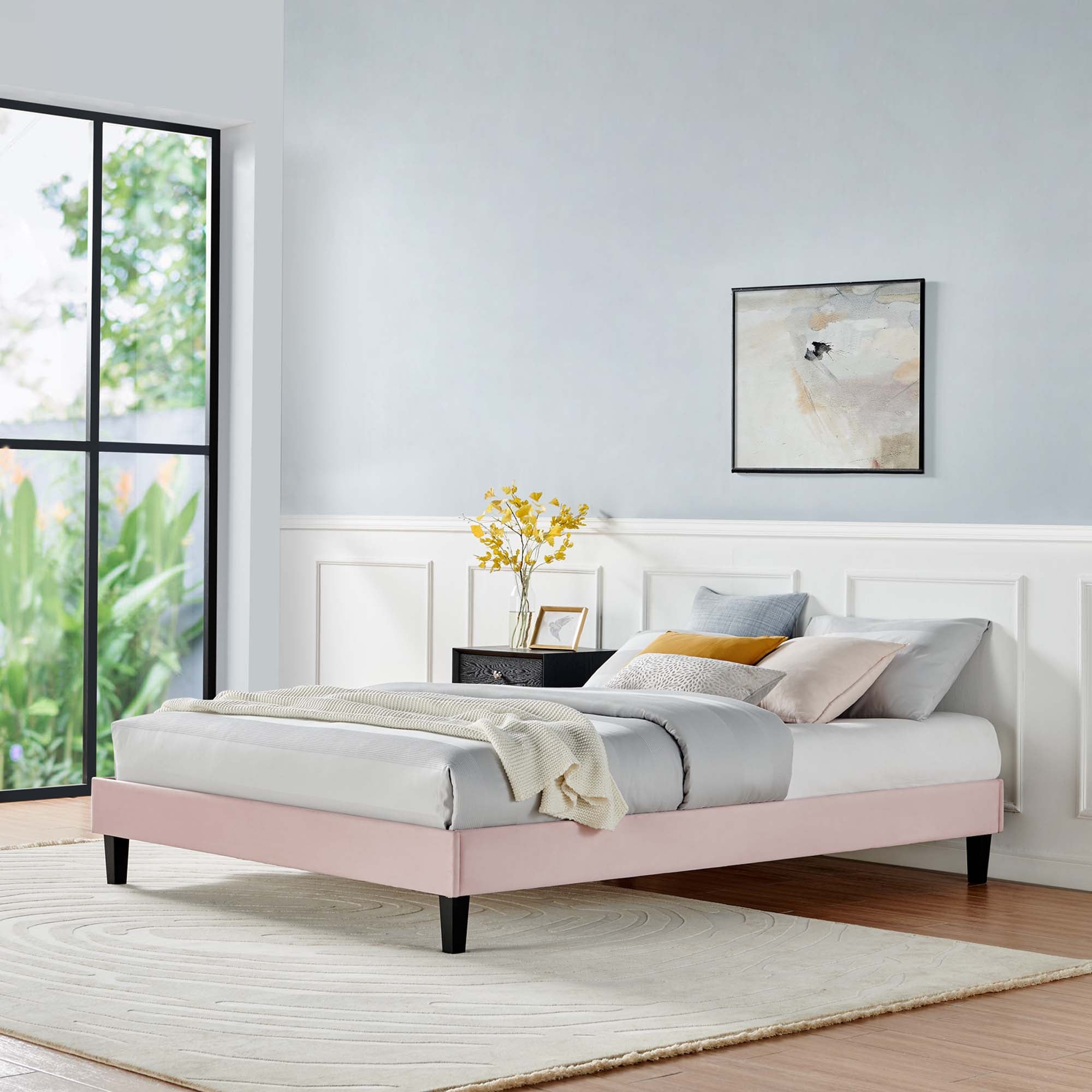 Reign Performance Velvet Full Platform Bed Frame, Pink