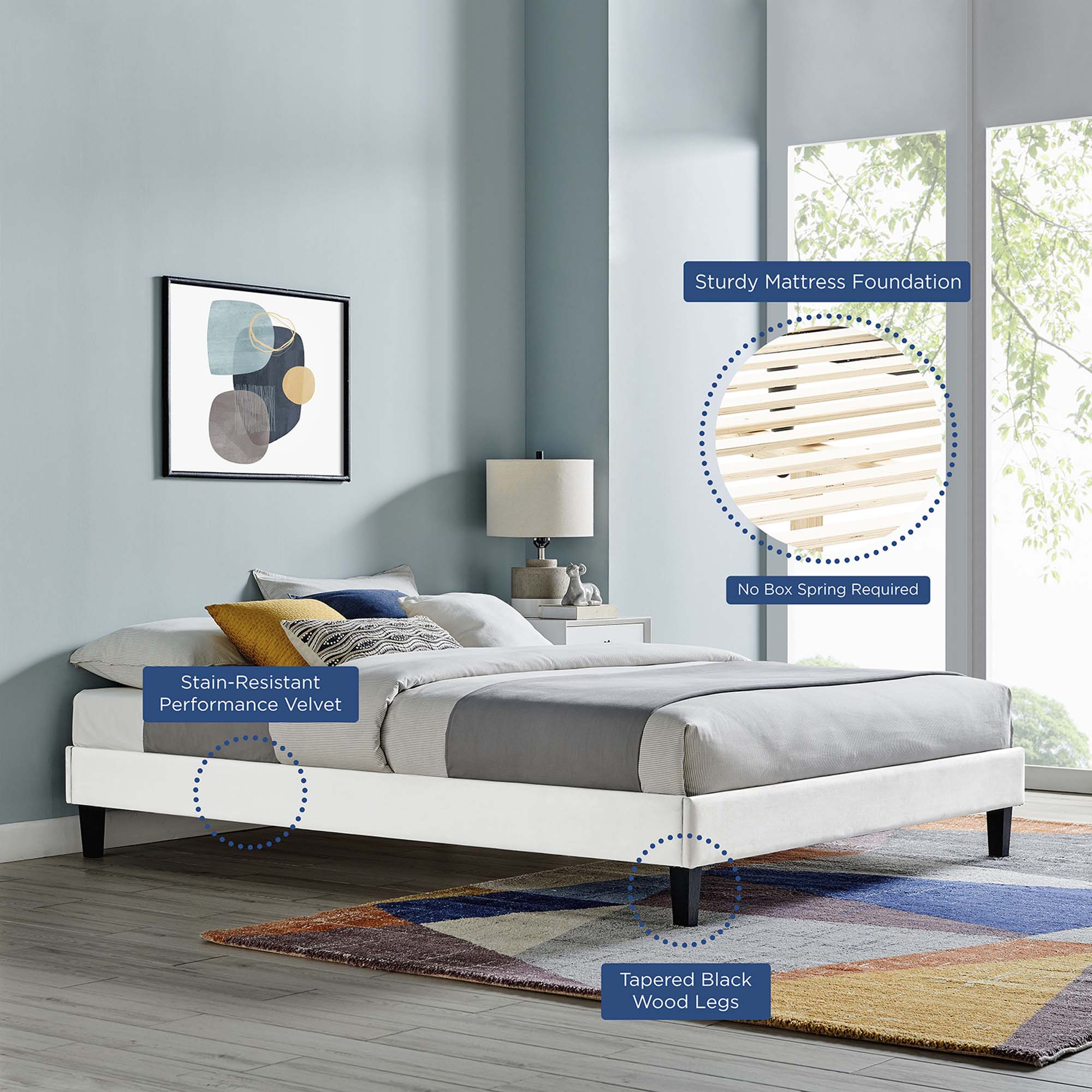 Serenity White Full Size Performance Velvet Platform Bed Frame  No Box Spring Required