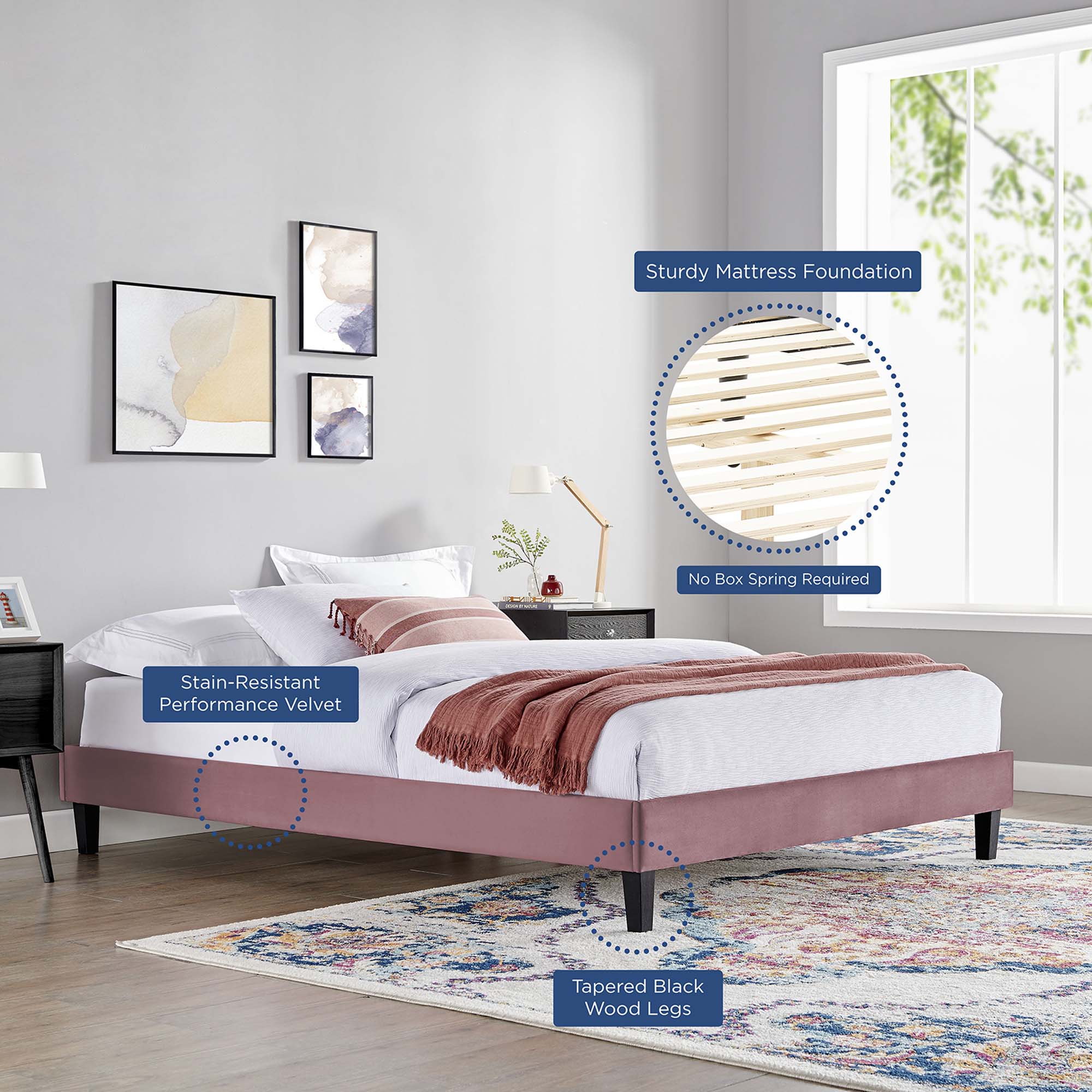Reign Performance Velvet King Platform Bed Frame, Dusty Rose