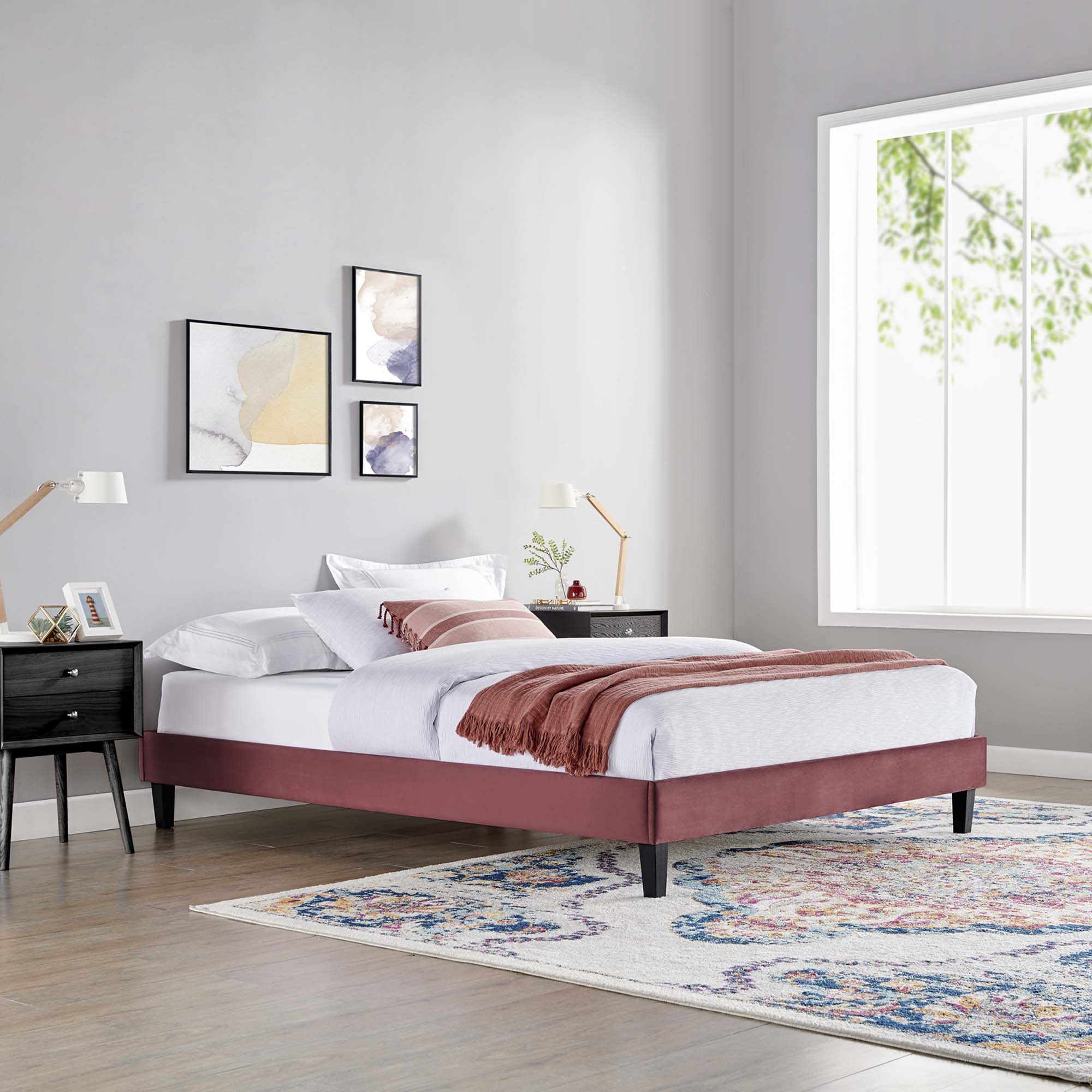 Reign Performance Velvet King Platform Bed Frame, Dusty Rose