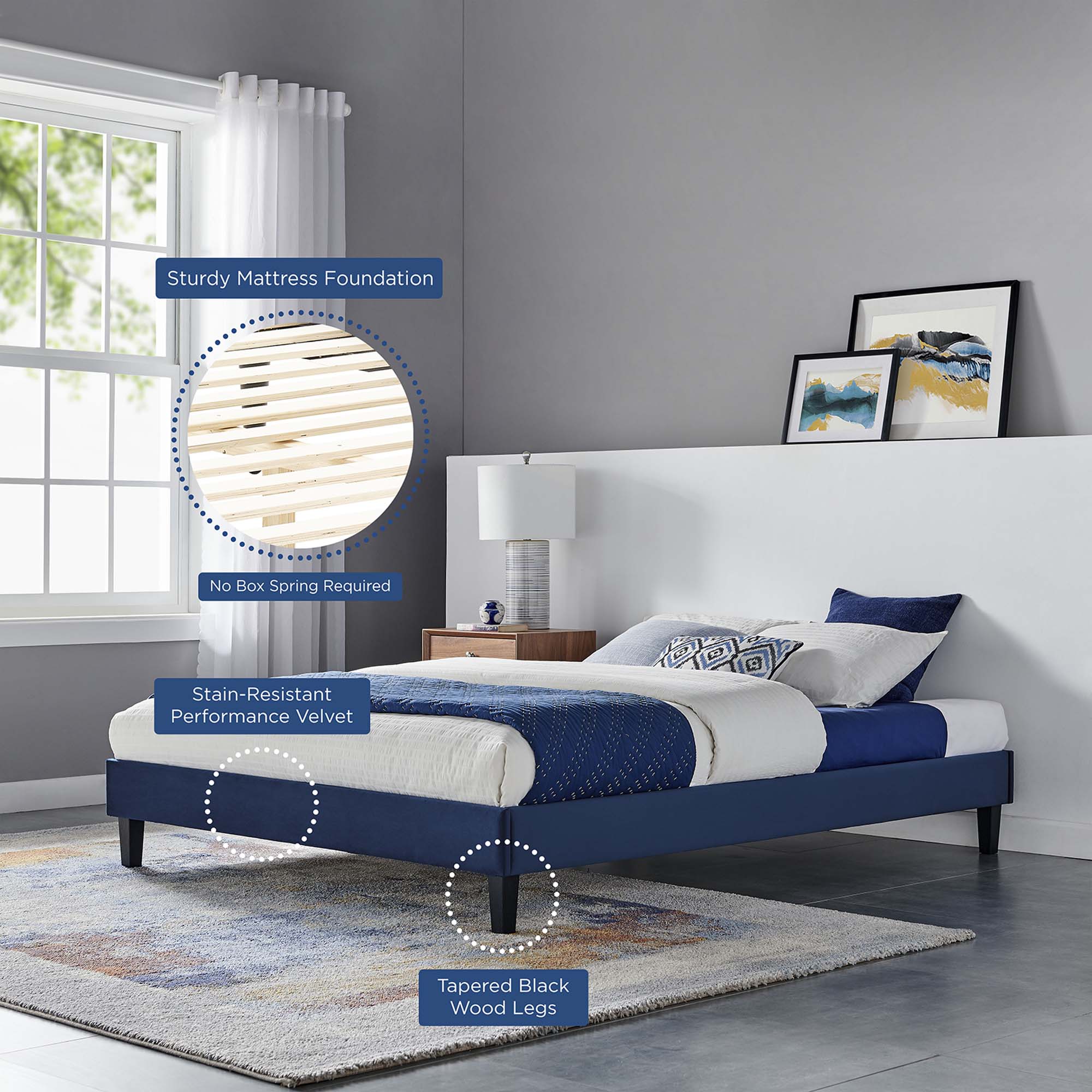 Reign Performance Velvet King Platform Bed Frame, Navy