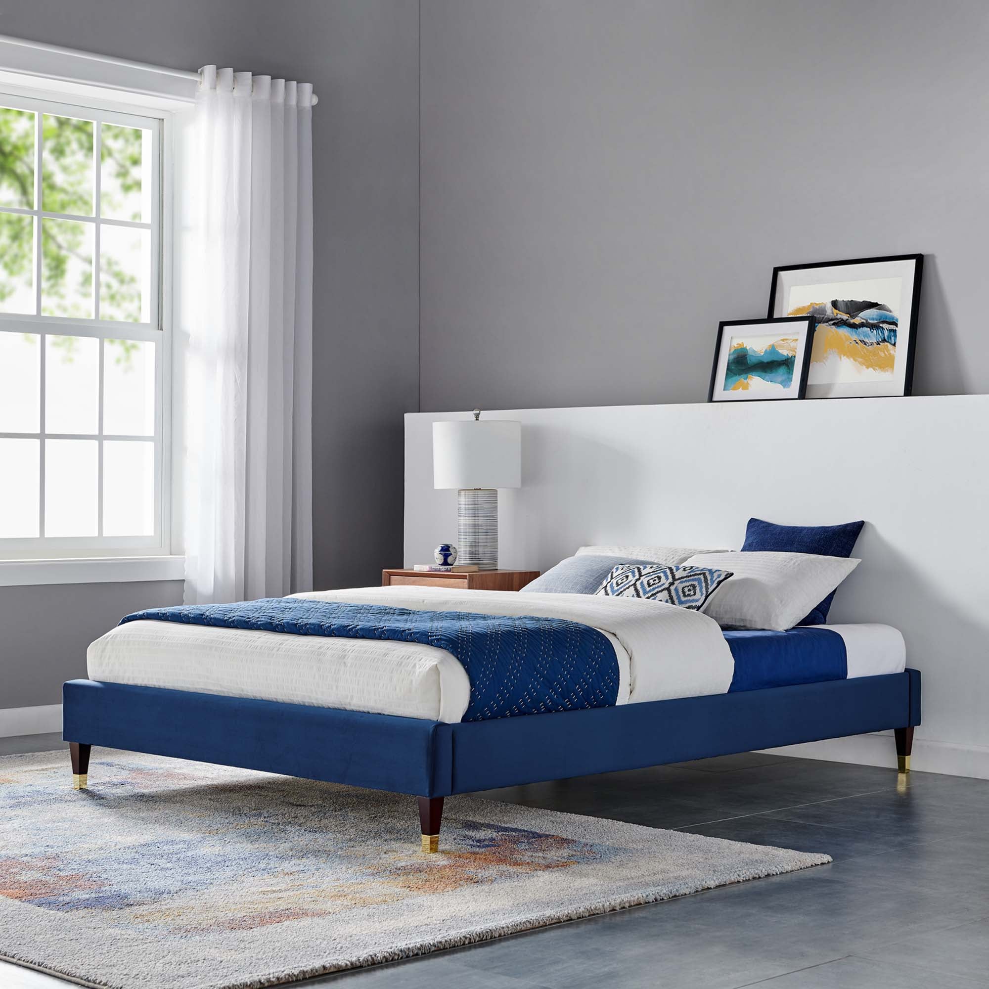 Harlow Performance Velvet Full Platform Bed Frame, Navy