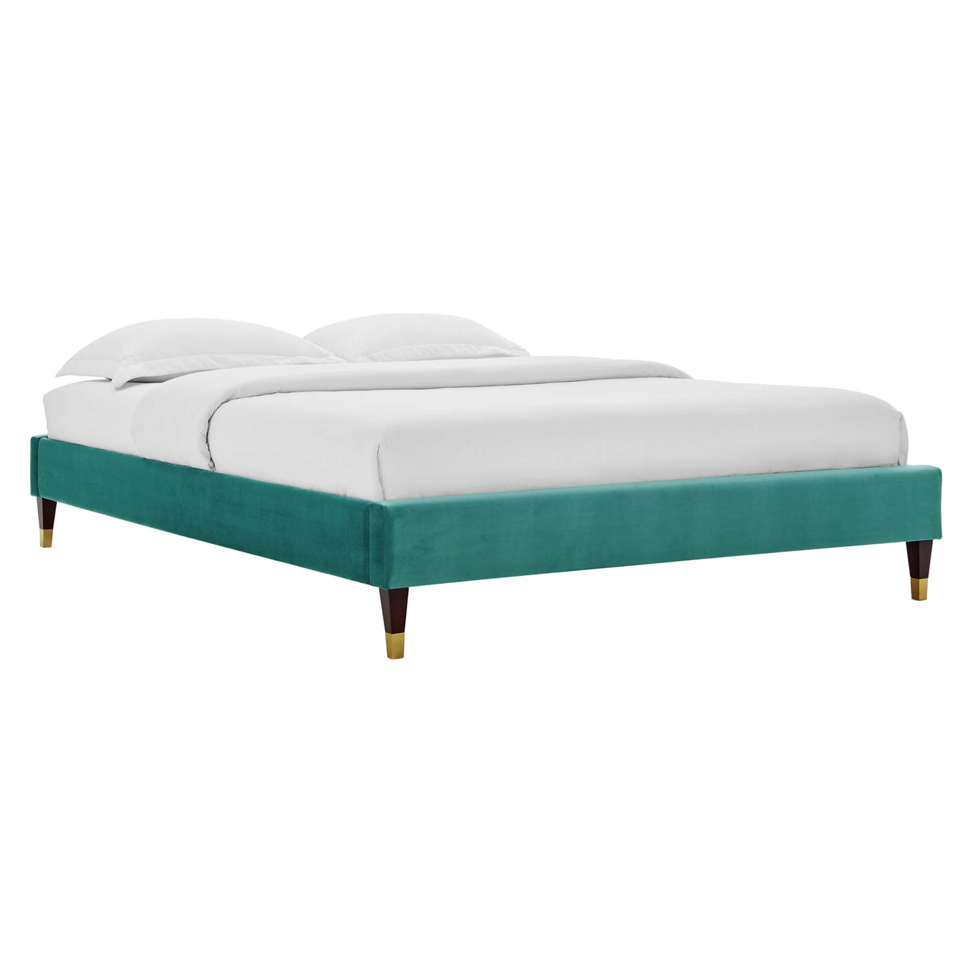Perlin Full Performance Velvet Platform Bed  White Upholstered with Gold Legs