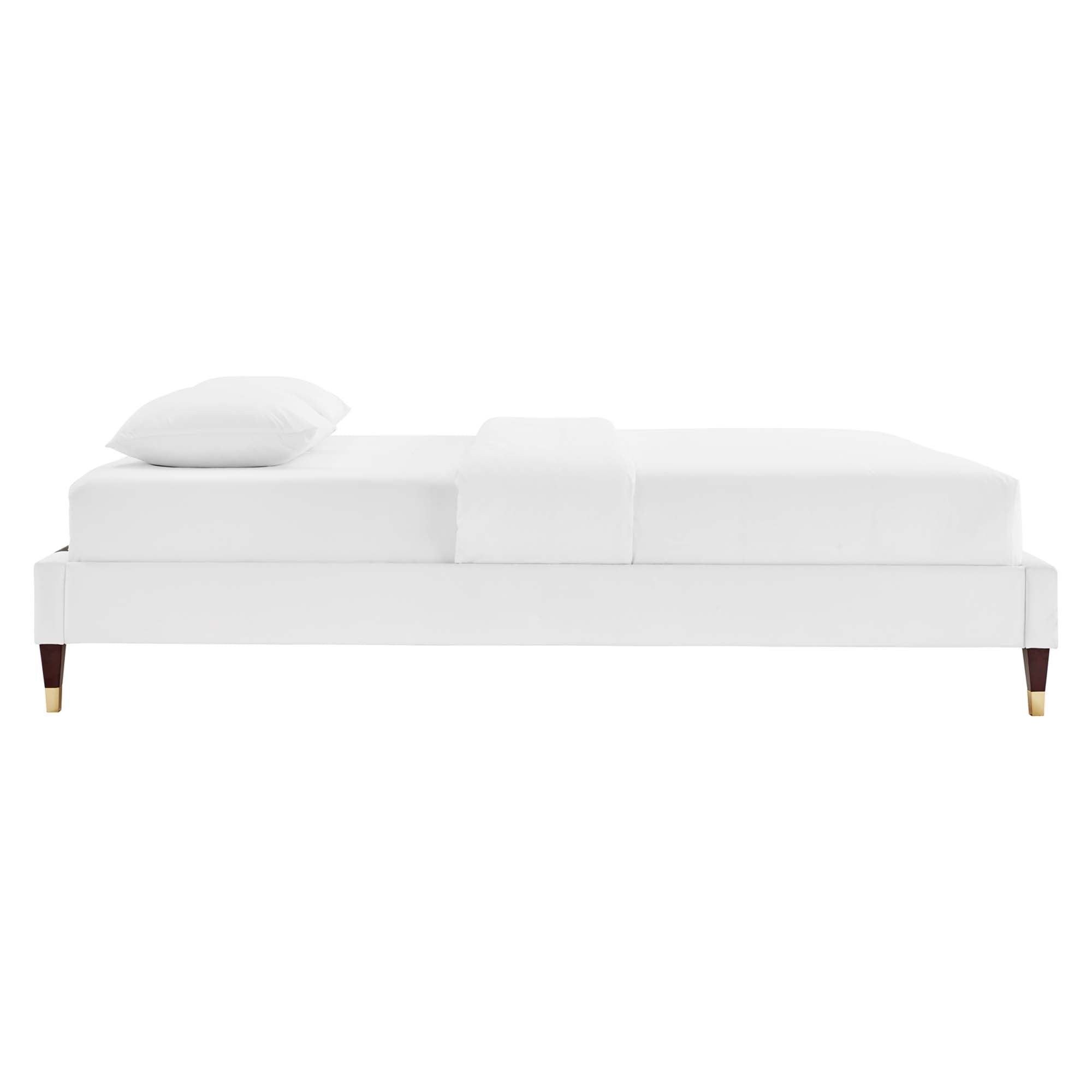 Perlin Full Performance Velvet Platform Bed  White Upholstered with Gold Legs