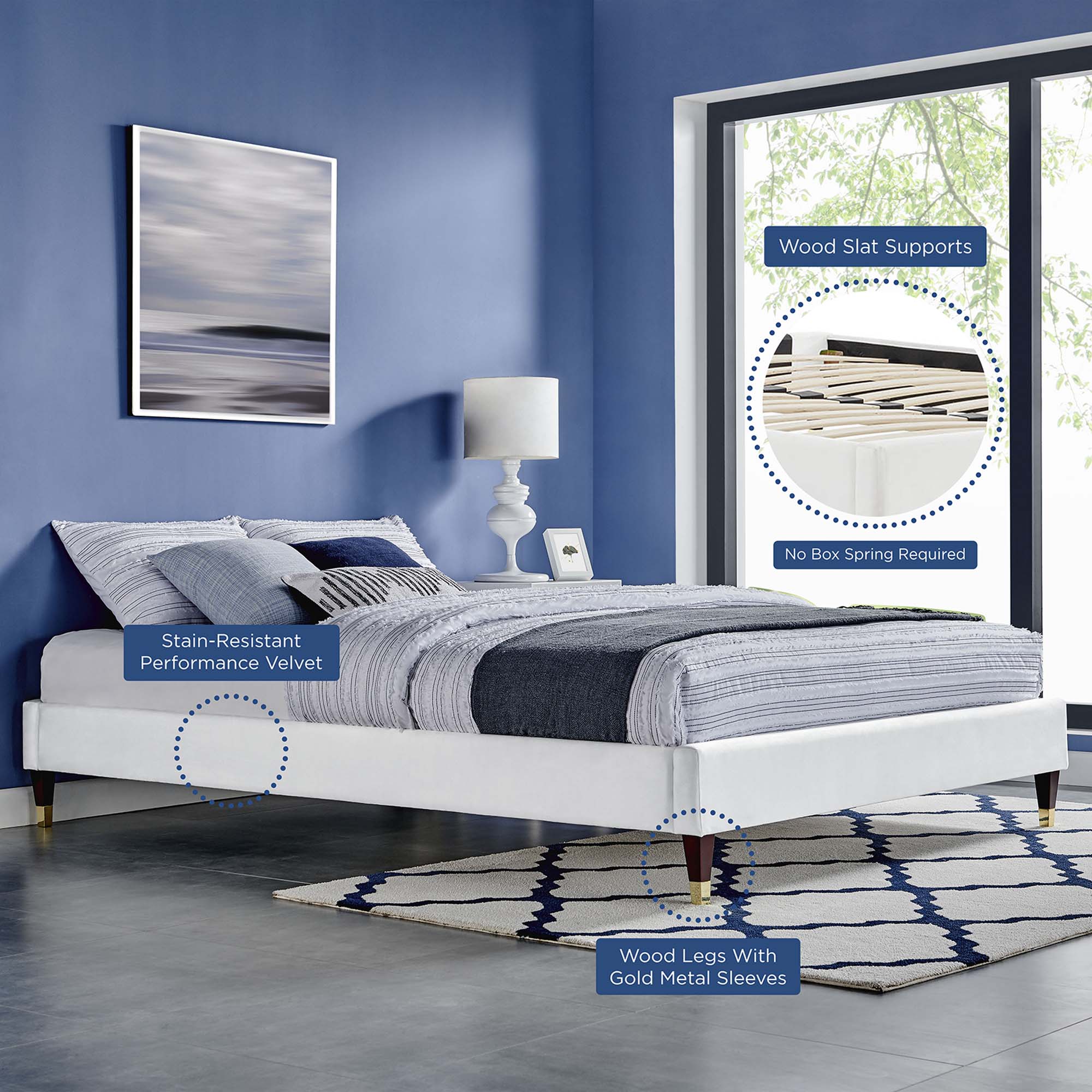 Perlin Full Performance Velvet Platform Bed  White Upholstered with Gold Legs