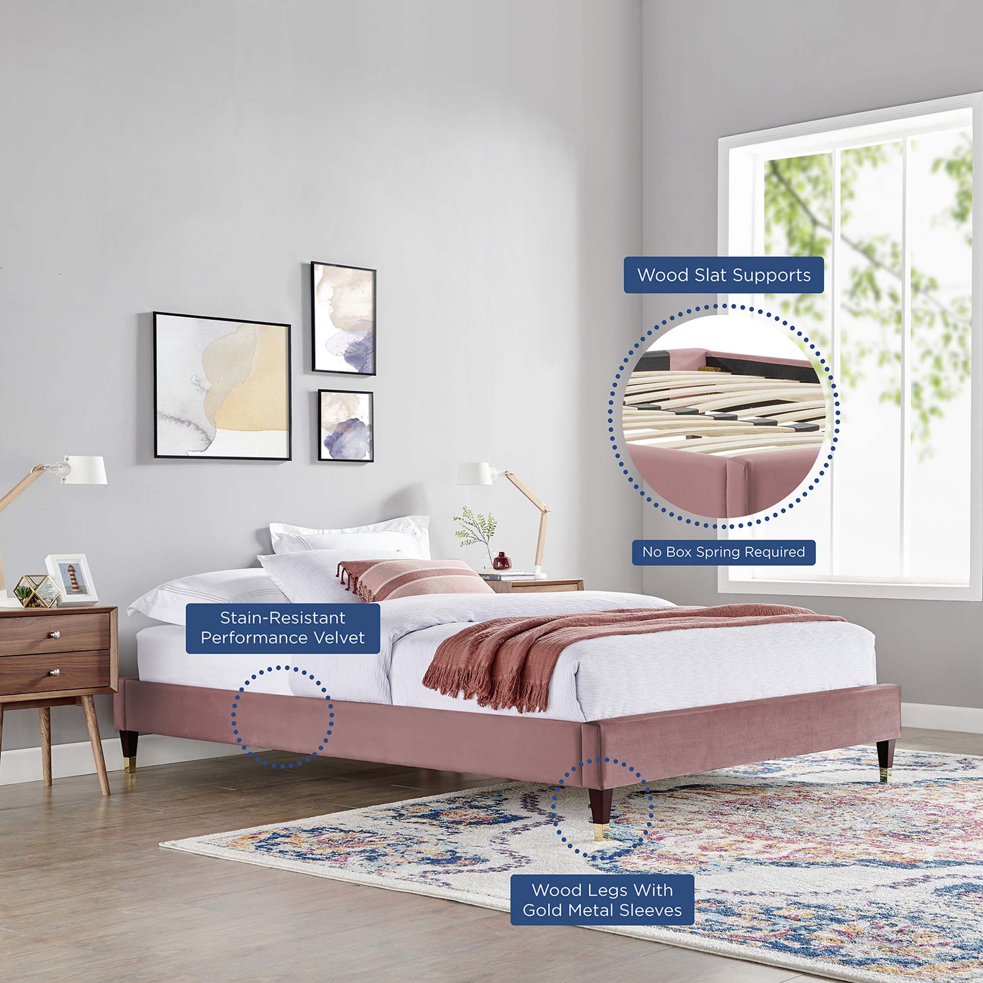 Harlow Performance Velvet King Platform Bed Frame, Dusty Rose