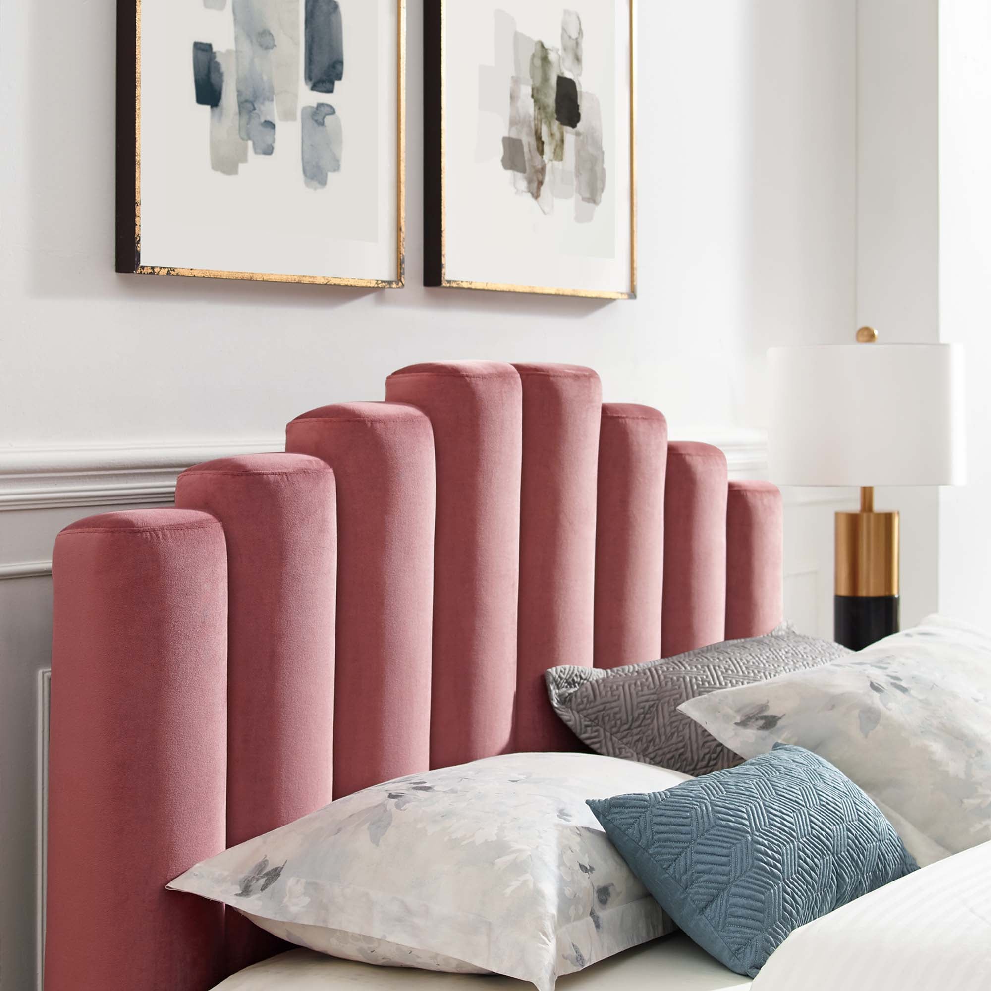 Whisk Channel Tufted Queen Platform Bed  Dusty Rose Performance Velvet