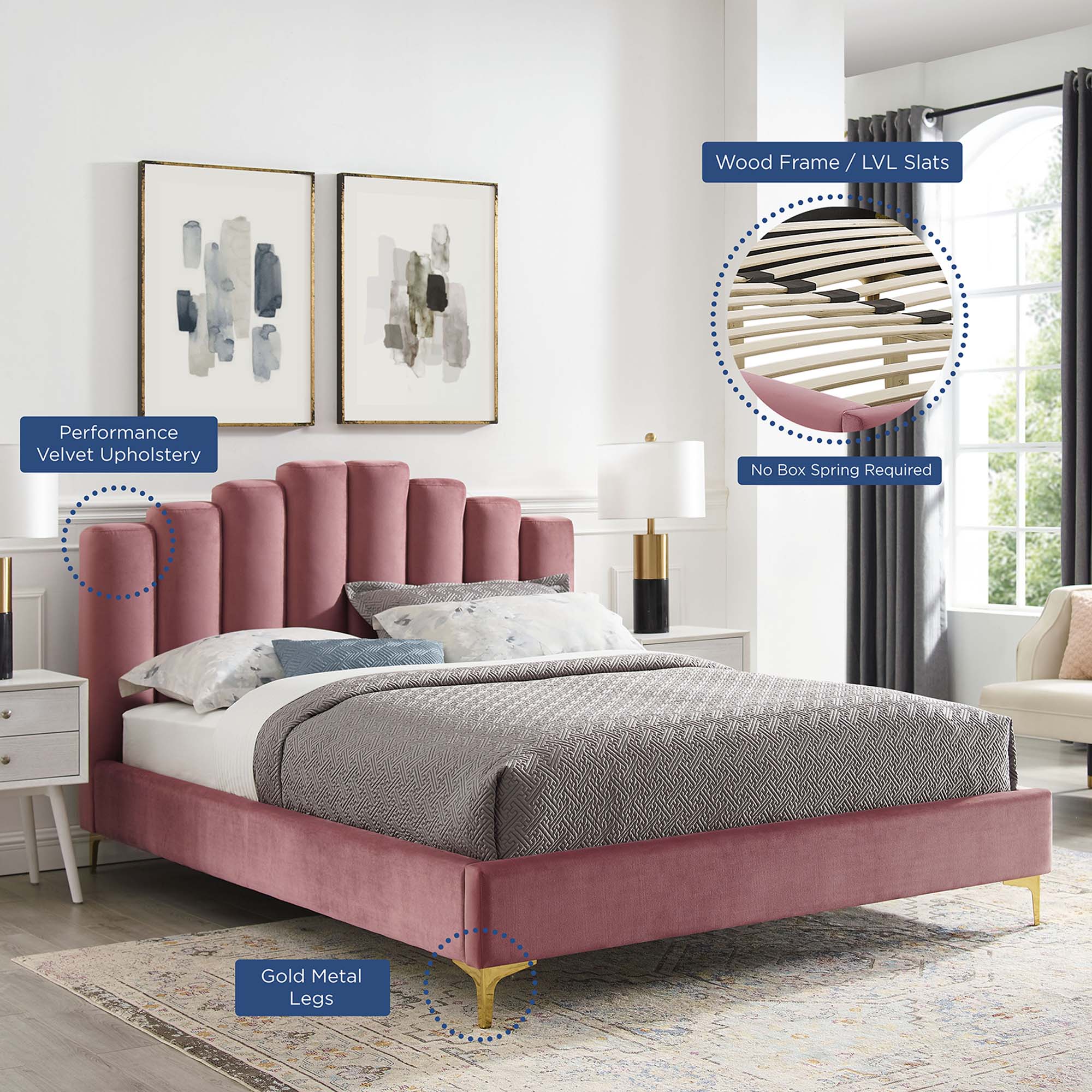 Whisk Channel Tufted Queen Platform Bed  Dusty Rose Performance Velvet