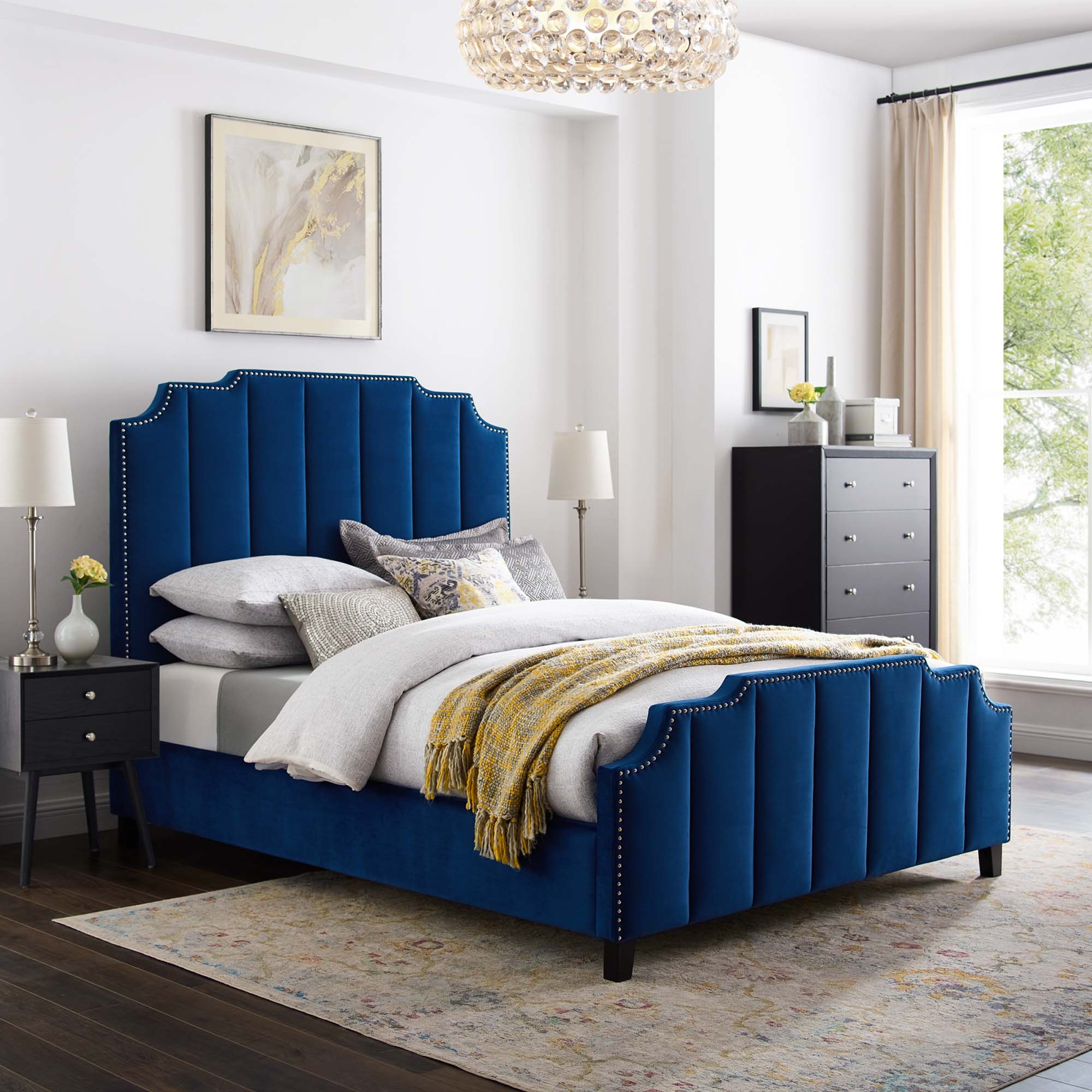 Lucille Navy Queen Performance Velvet Platform Bed