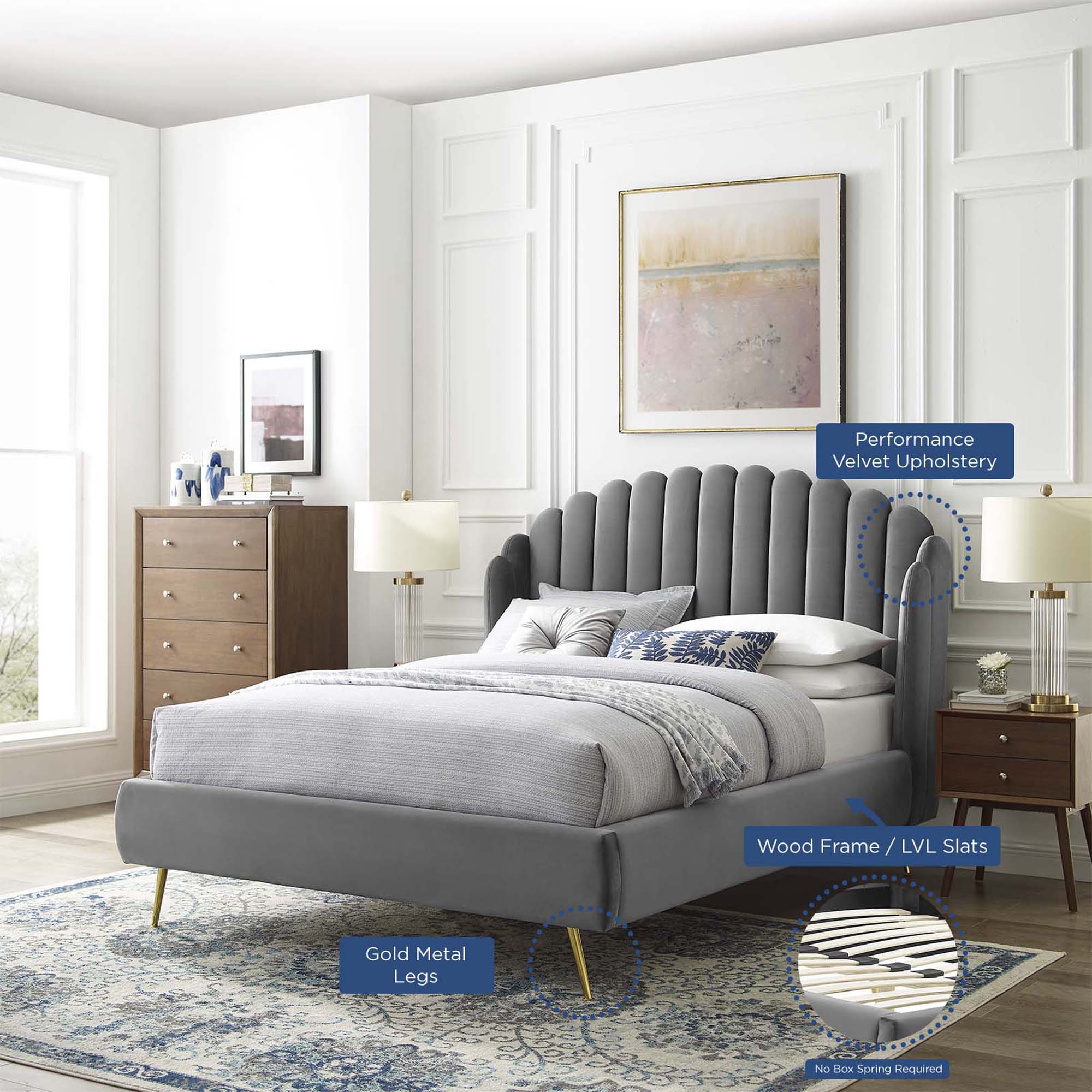 Lana Performance Velvet Queen Wingback Platform Bed, Gray