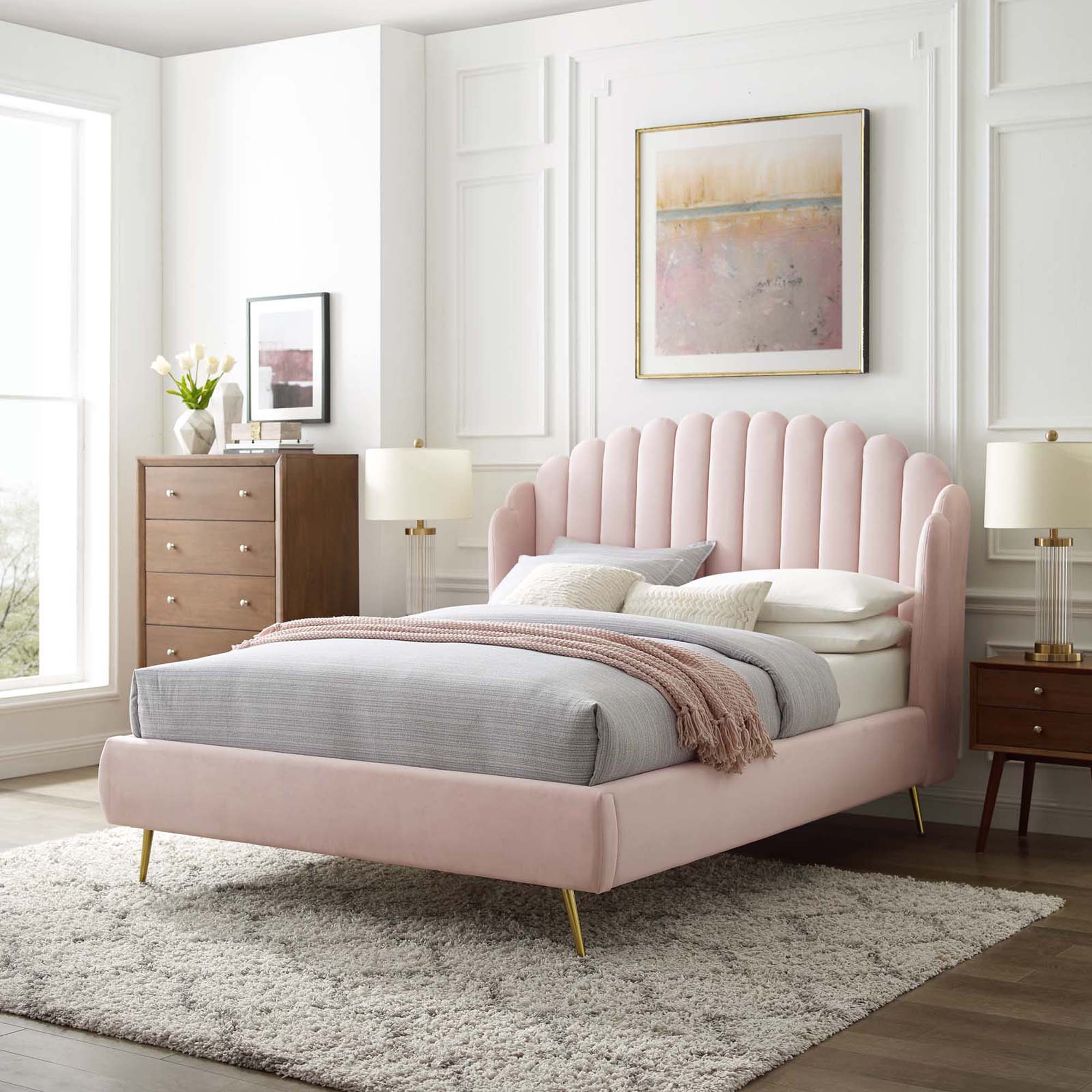 Lana Performance Velvet Queen Wingback Platform Bed, Pink