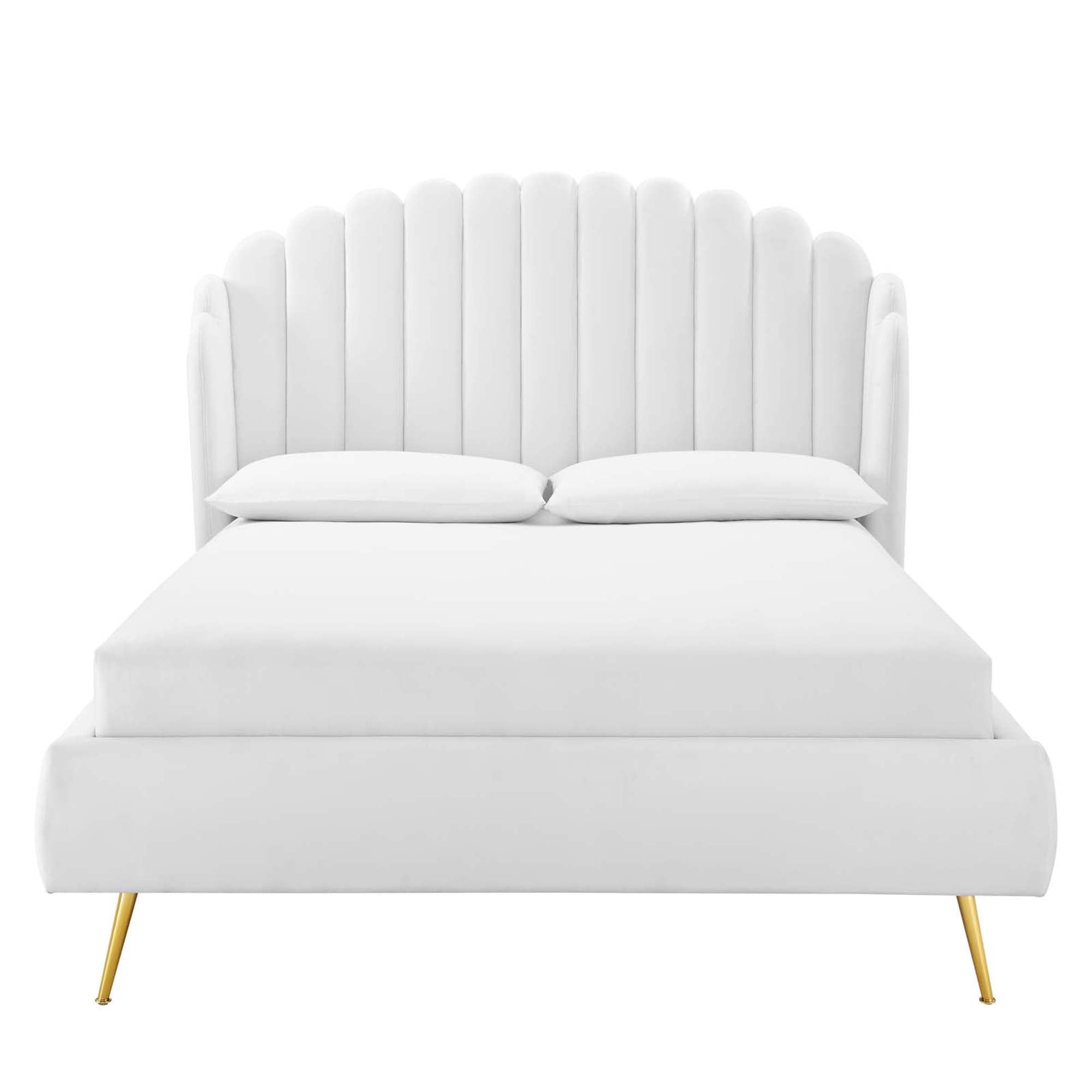 Edge Queen Performance Velvet Platform Bed Modern Wingback with Scalloped Headboard