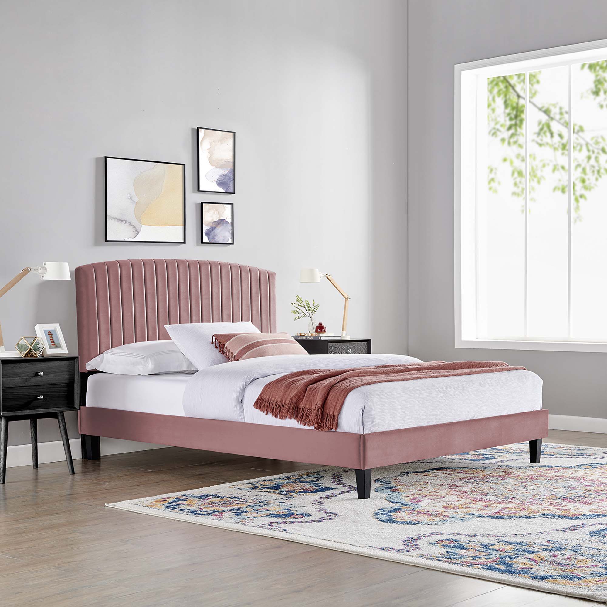 Mera Alessi Queen Dusty Rose Velvet Platform Bed  Modern Channel Tufted Headboard
