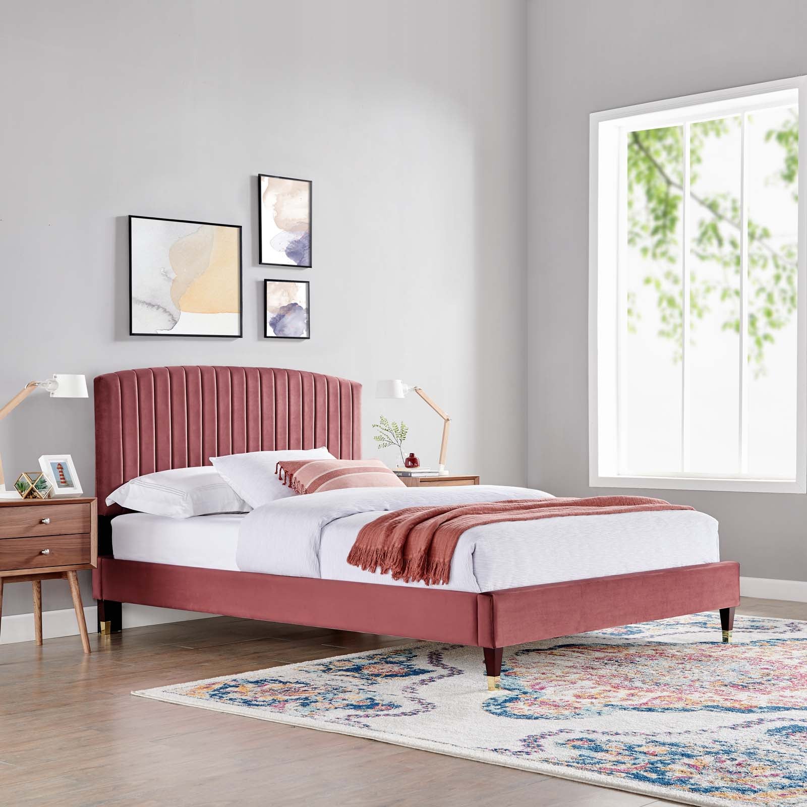 Mera Alessi Dusty Rose Queen Performance Velvet Bed  Upholstered Platform with Tufted Headboard