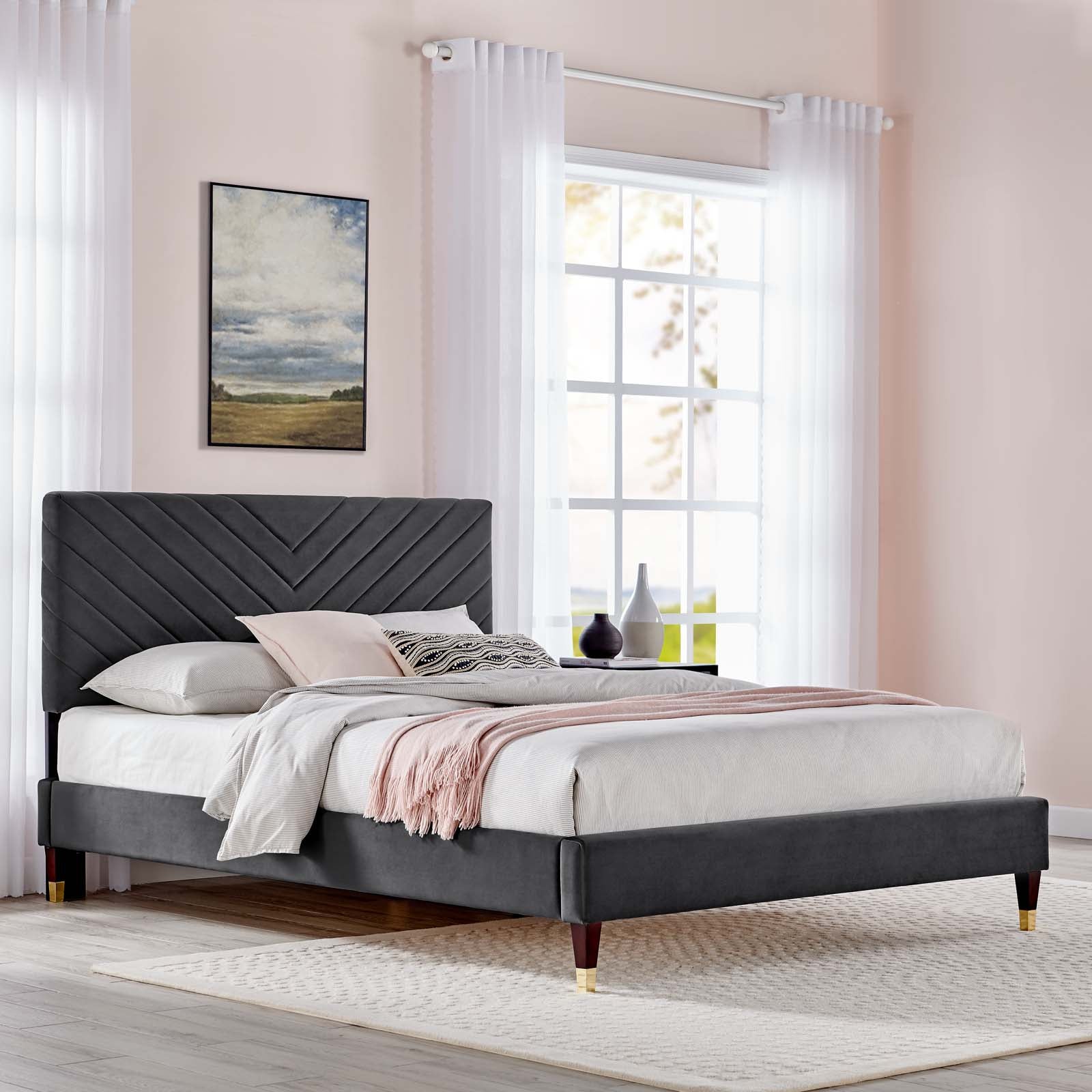 Roxanne Navy Performance Velvet Queen Platform Bed