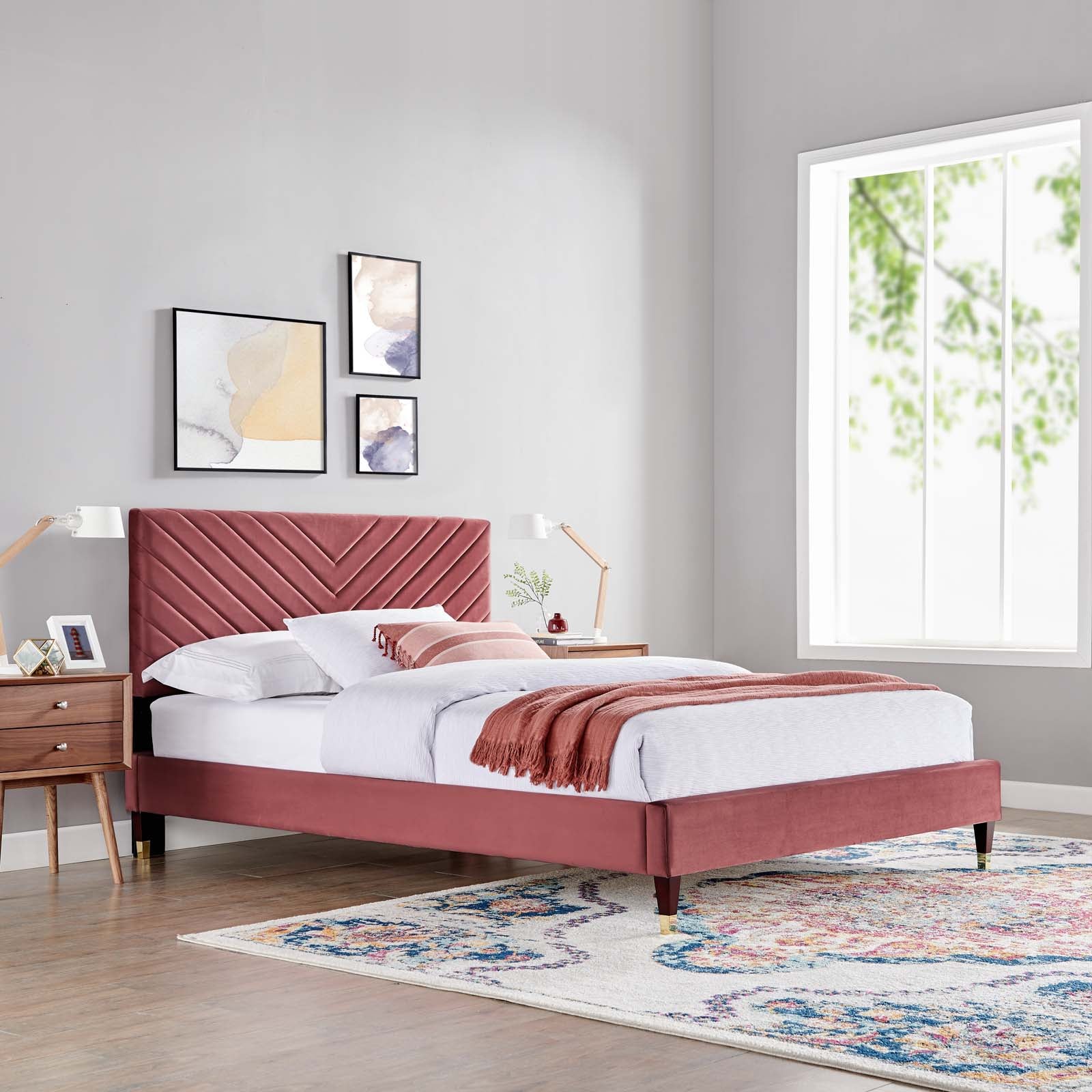 Roxanne Navy Performance Velvet Queen Platform Bed