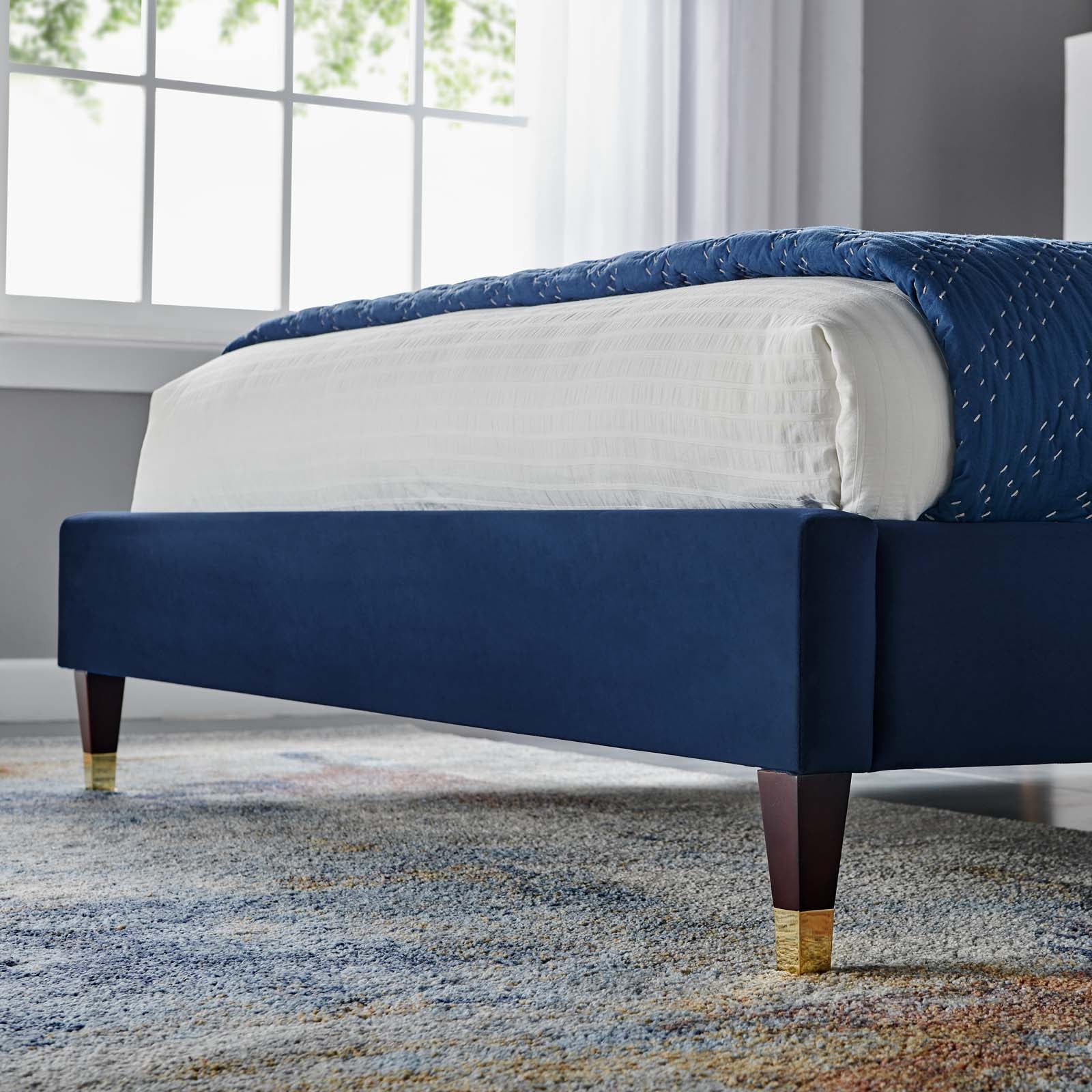 Roxanne Navy Performance Velvet Queen Platform Bed