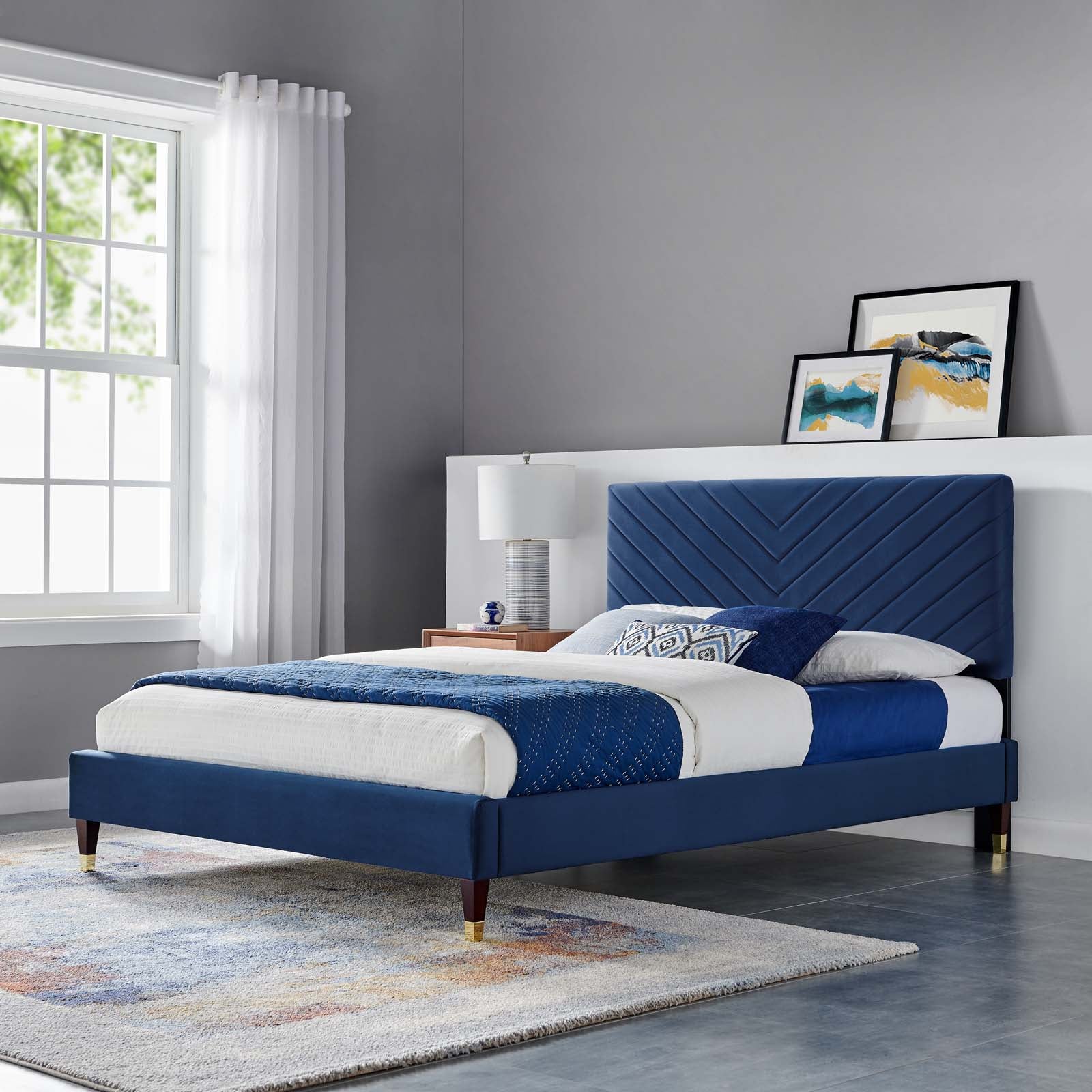 Roxanne Navy Performance Velvet Queen Platform Bed