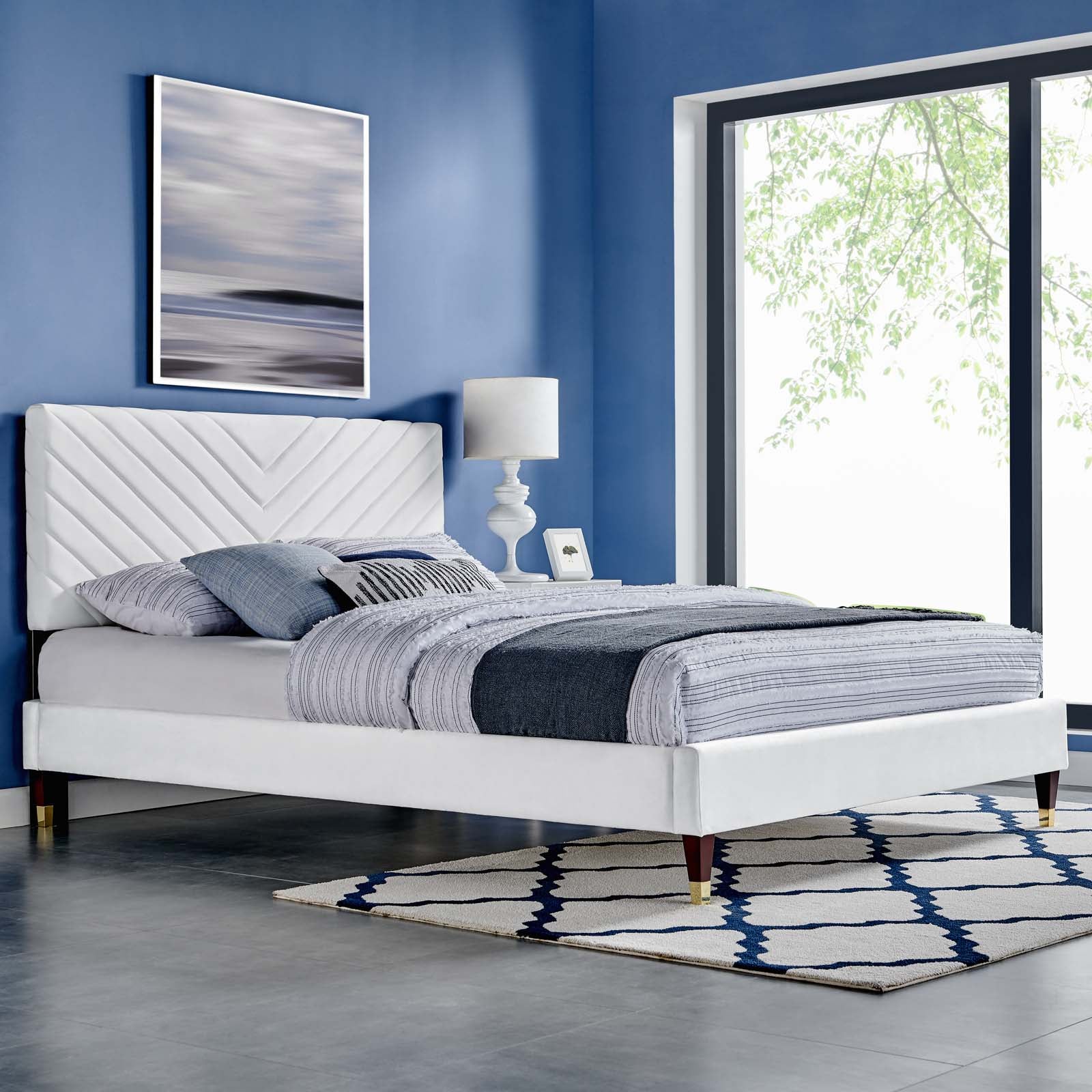 Roxanne Navy Performance Velvet Queen Platform Bed