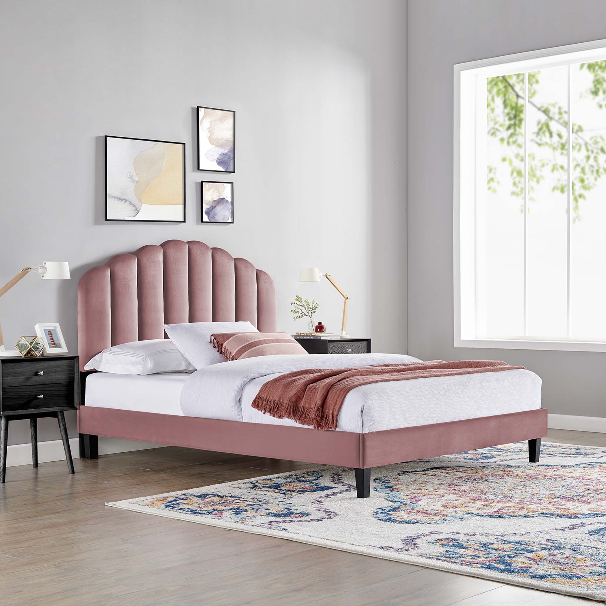 Daisy Performance Velvet Queen Platform Bed, Dusty Rose