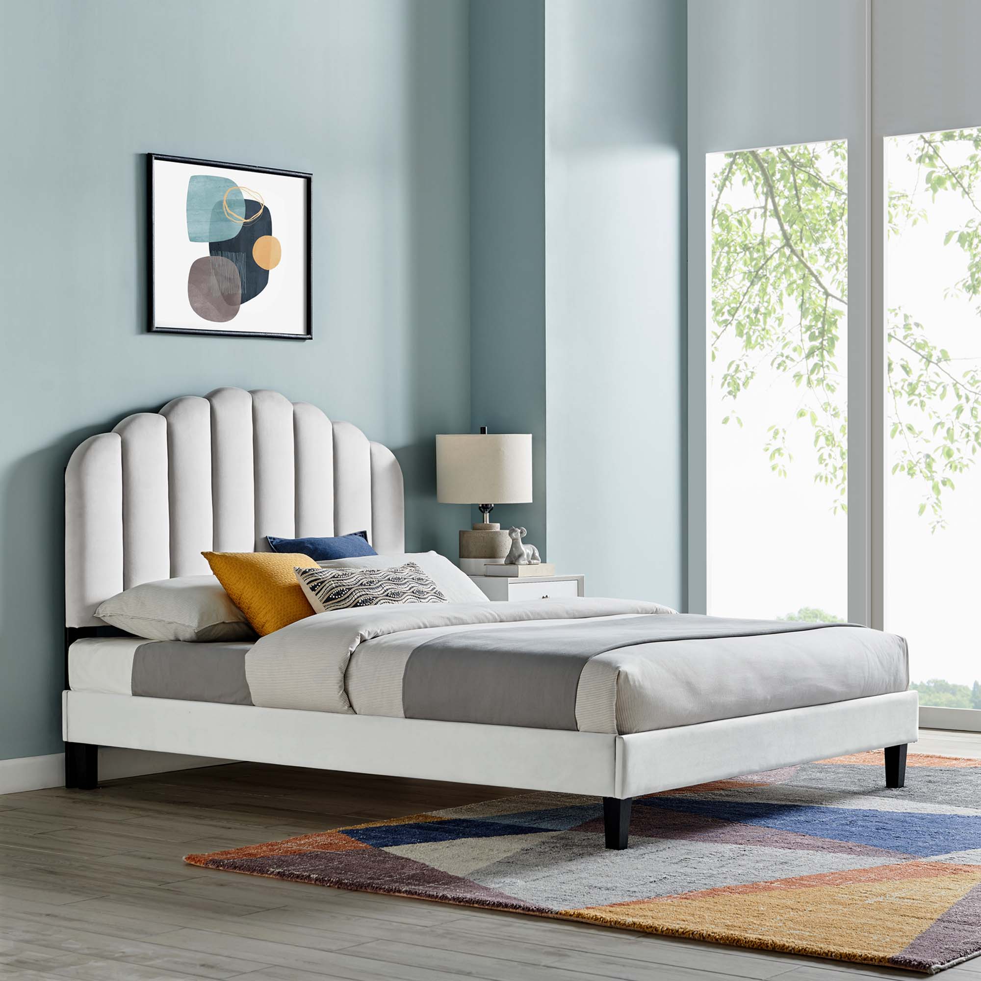 Daisy Performance Velvet Queen Platform Bed, Light Gray