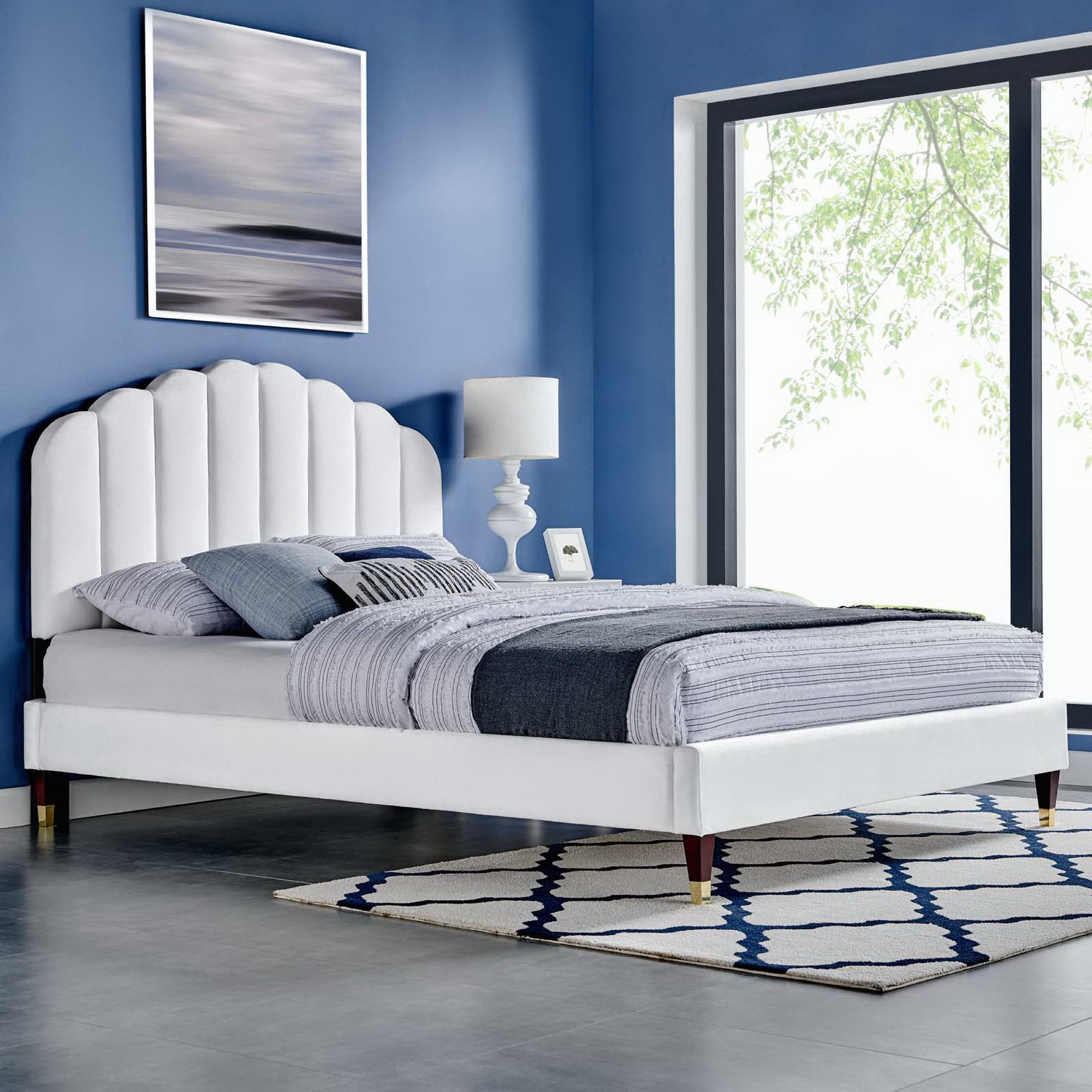 Daisy White Performance Velvet Queen Platform Bed