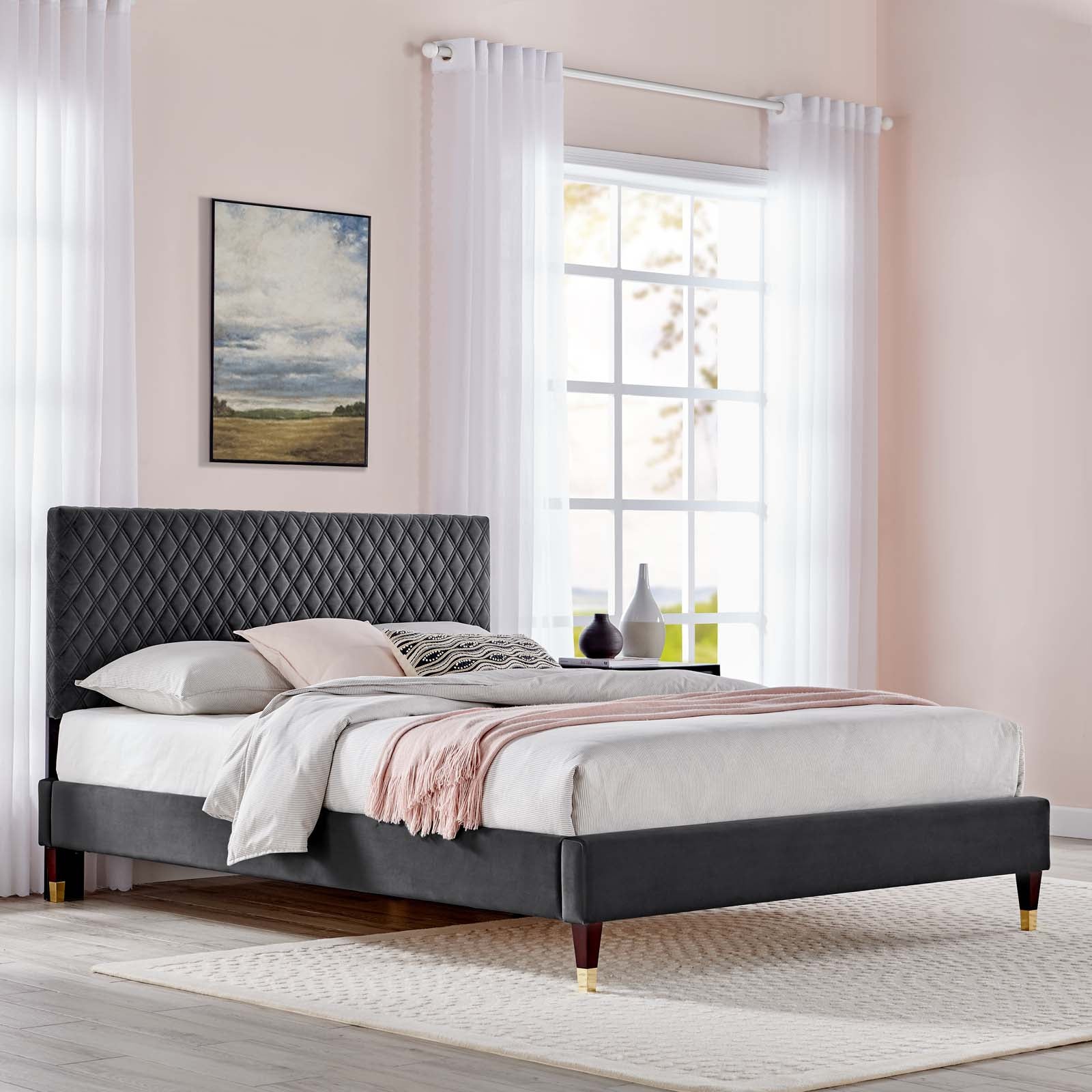 Garcelle Charcoal Performance Velvet Queen Platform Bed