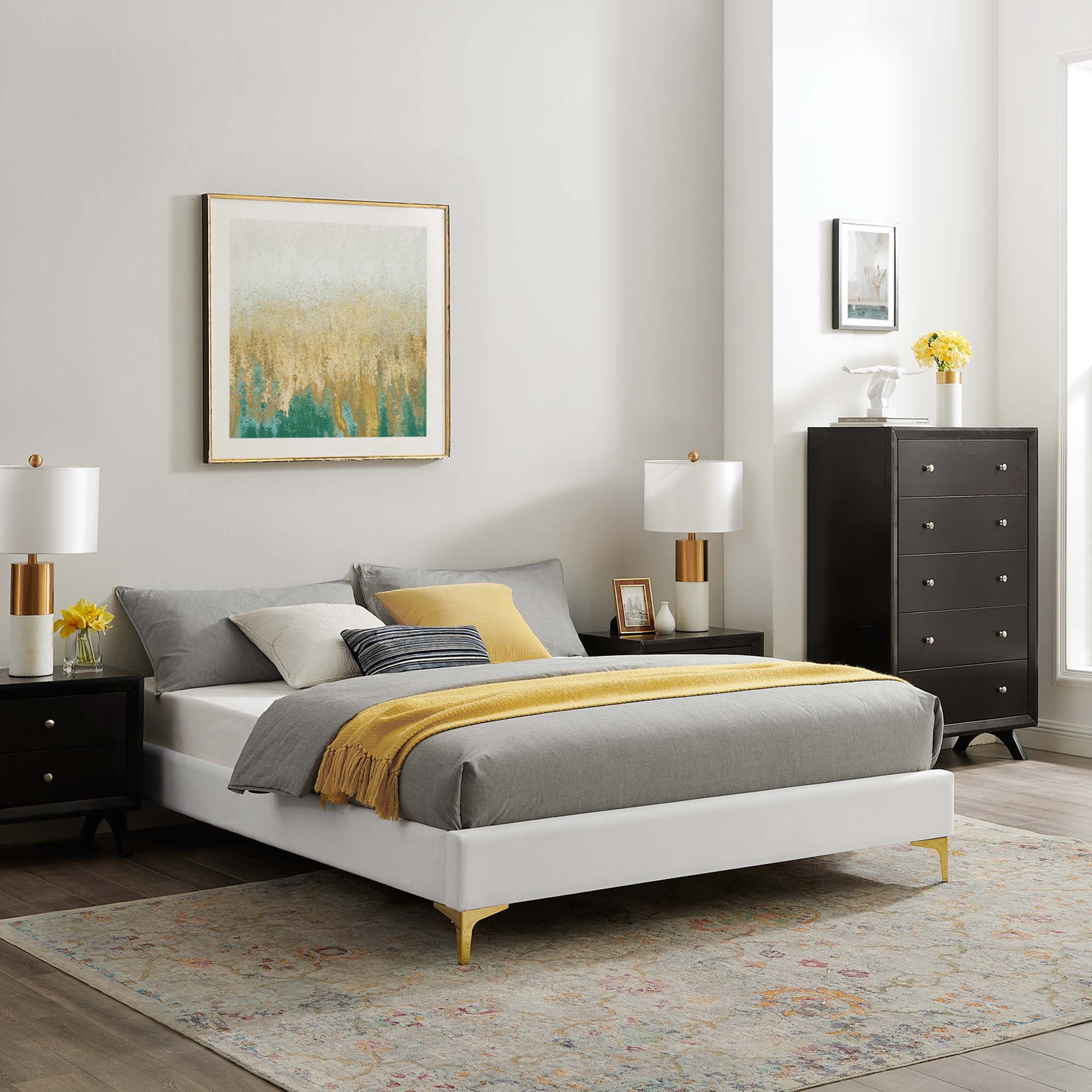 Yorran Twin Platform Bed Frame Performance Velvet – Gold Accent Legs
