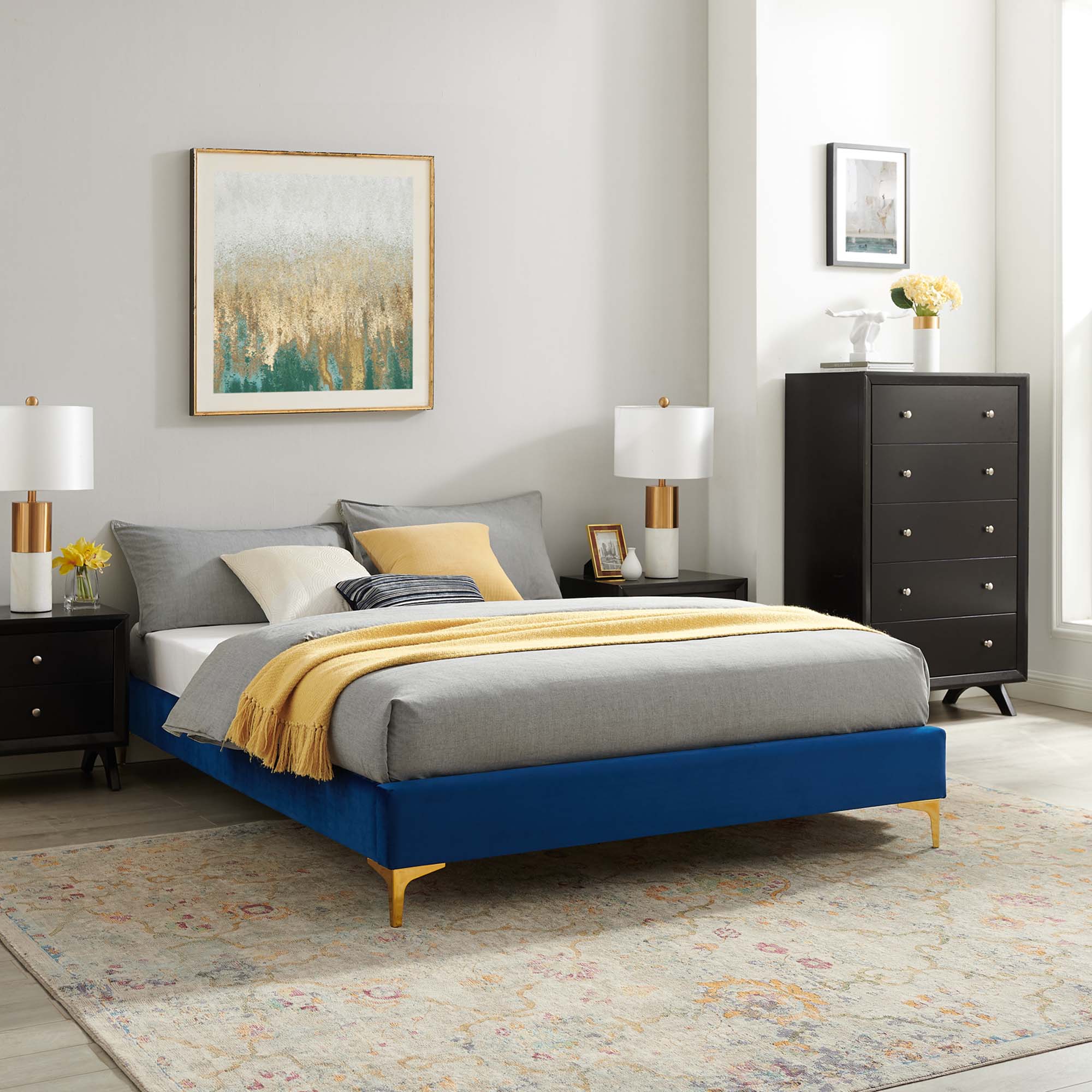 Sutton Performance Velvet Full Bed Frame, Navy
