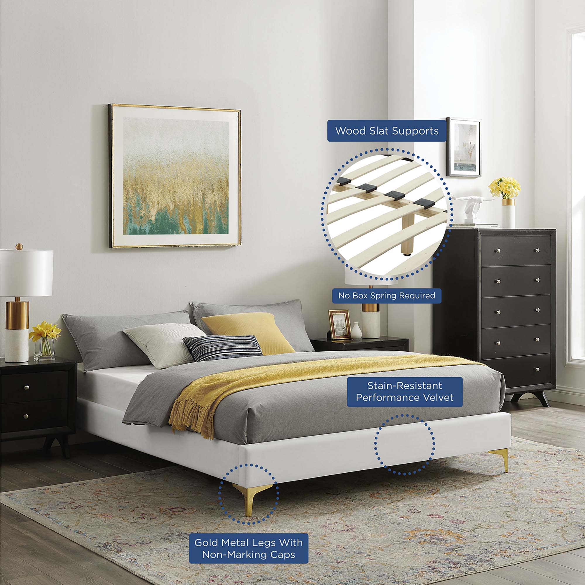 Sutton Performance Velvet Full Bed Frame, White